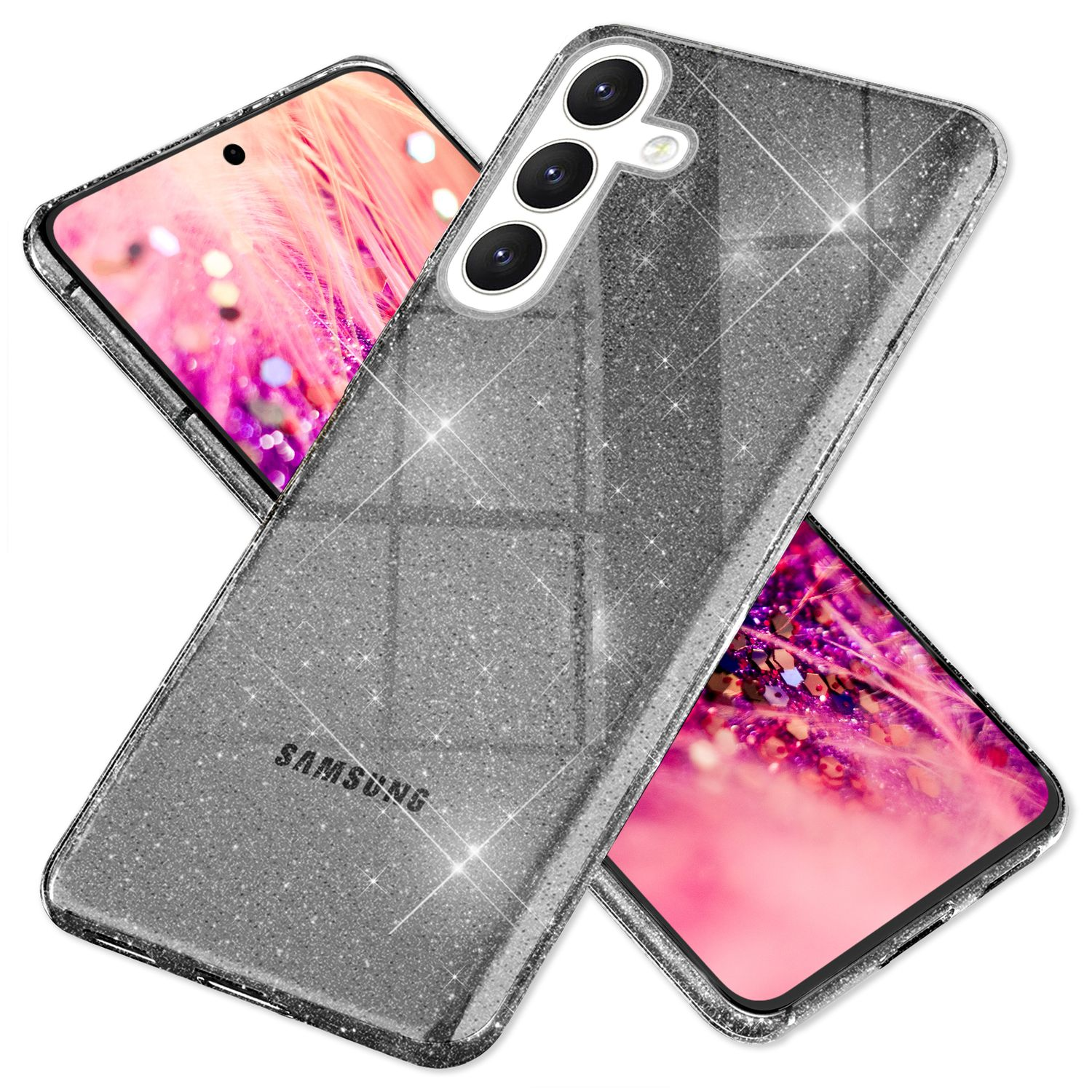 Eine Handyhülle mit Glitzer auf der Rückseite und einem Telefon darin.