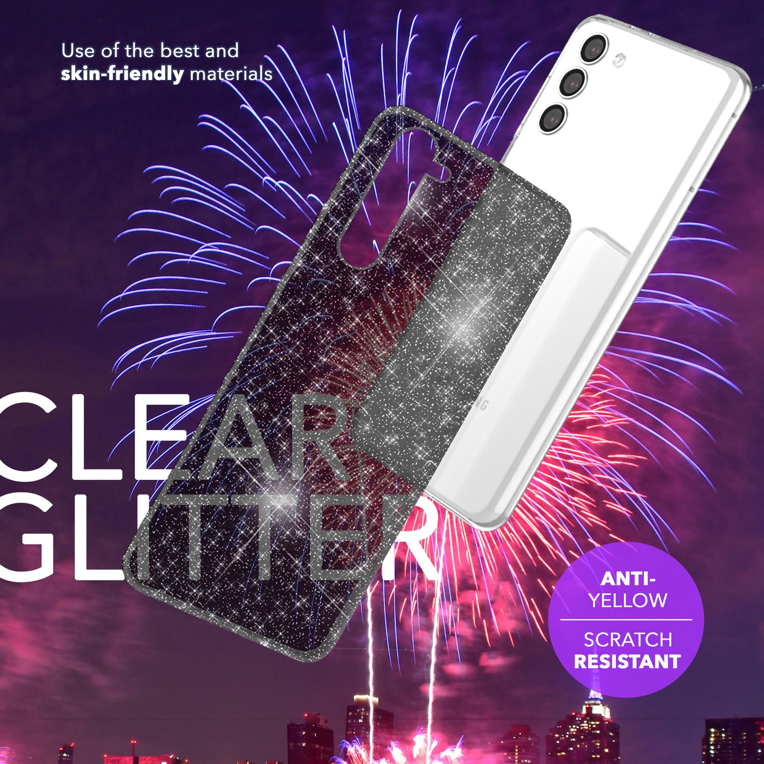 Handyhülle mit Glitzer, ein Telefon und Feuerwerk auf dunklem Hintergrund.