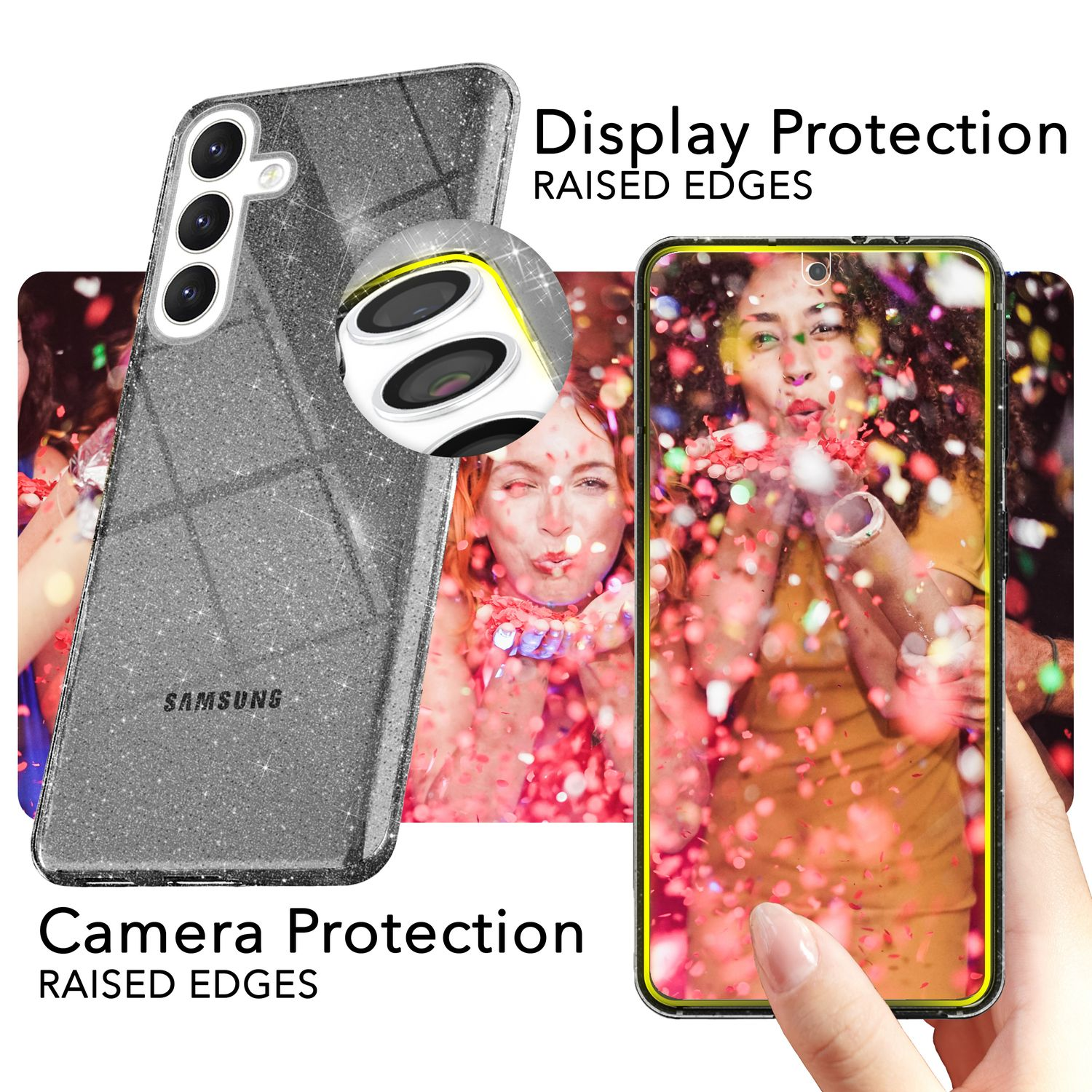 Handyhülle mit Telefon, glitzernd, mit erhöhten Kanten für Display und Kamera.