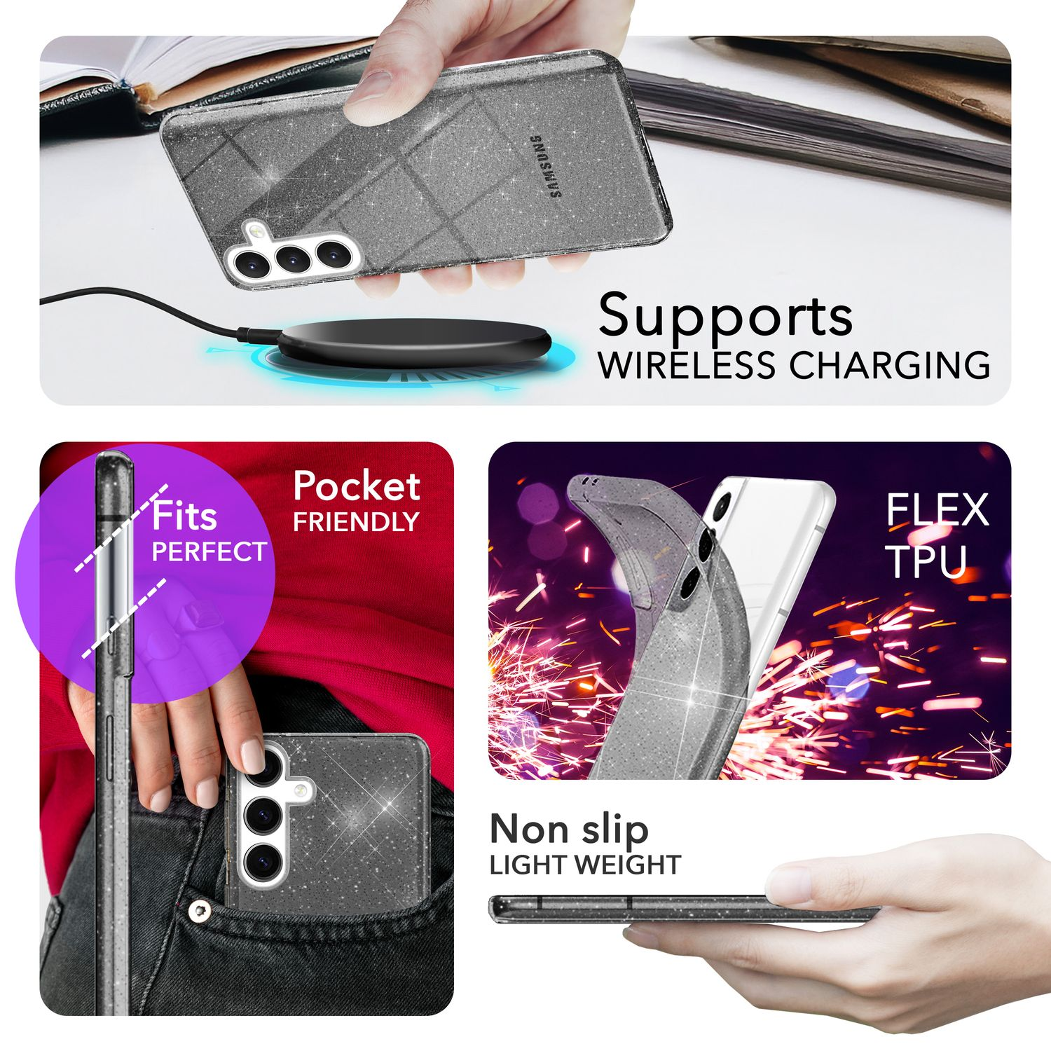 Handyhülle, die kabelloses Laden unterstützt. Telefon in einer Tasche. Flexibles TPU-Material.