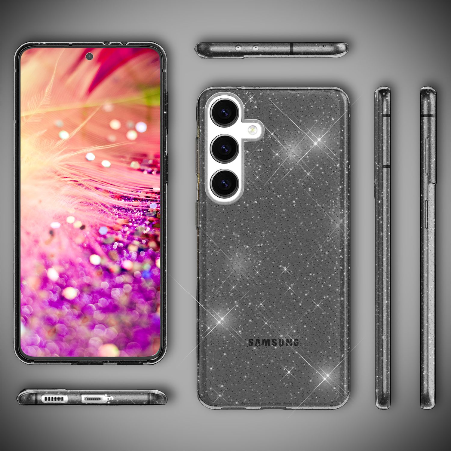 Handyhülle mit Glitzerdetail für ein Samsung-Telefon. Mehrere Winkel sind dargestellt.