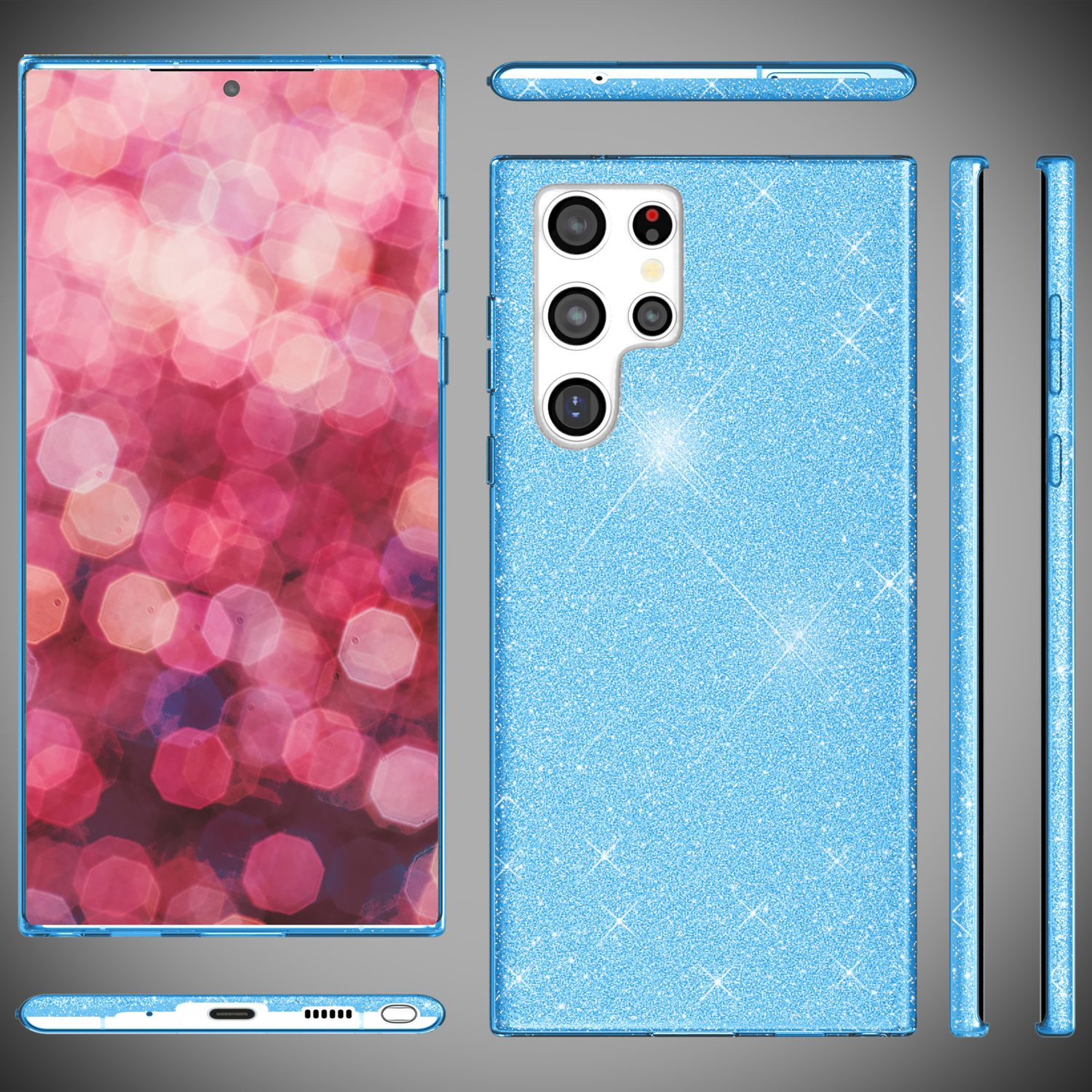 Blaue Handyhülle auf einem Telefon. Die Hülle ist mit Glitzer bedeckt und aus verschiedenen Ansichten gezeigt.