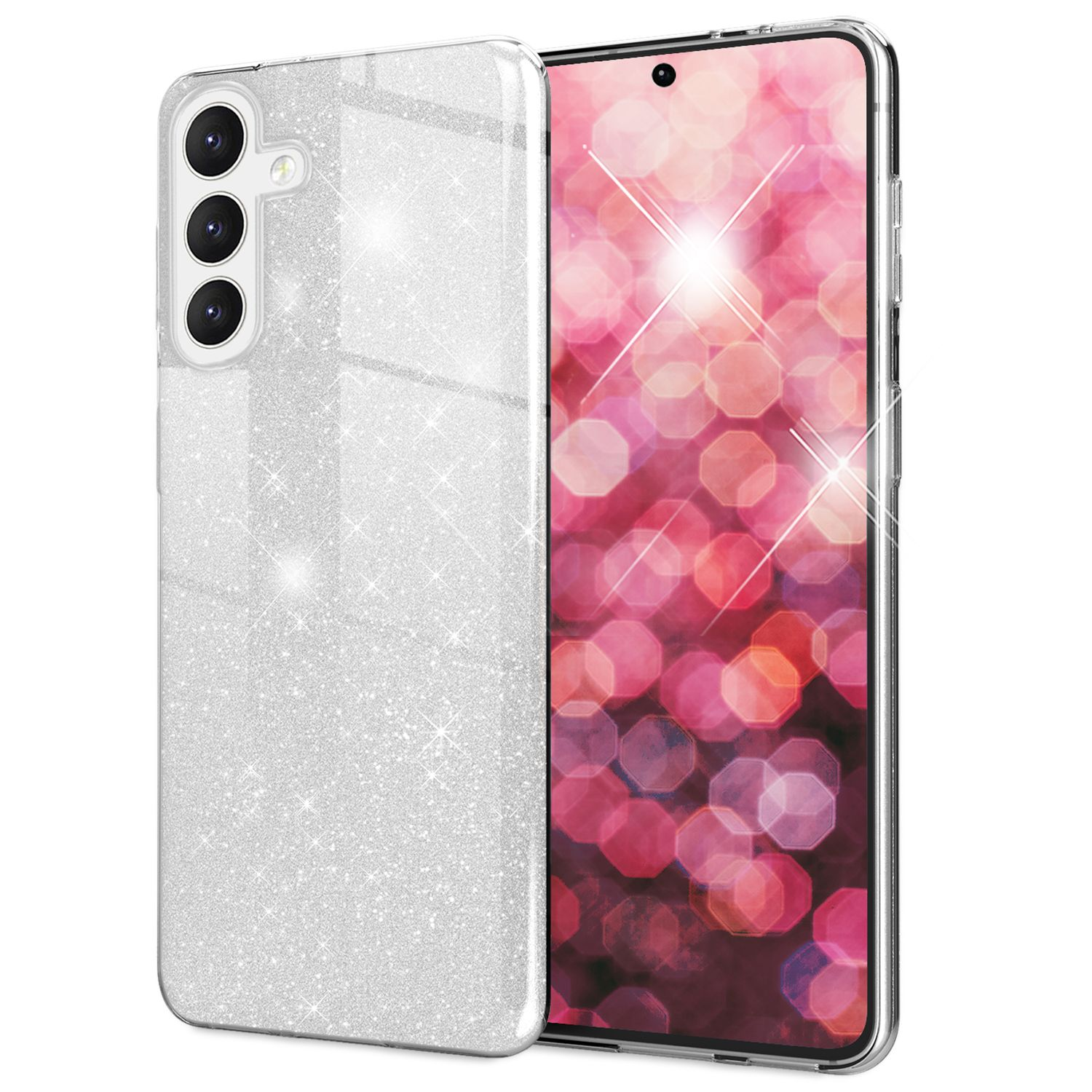 Transparente Handyhülle mit Glitzer. Telefon mit rosa Bokeh-Hintergrund.