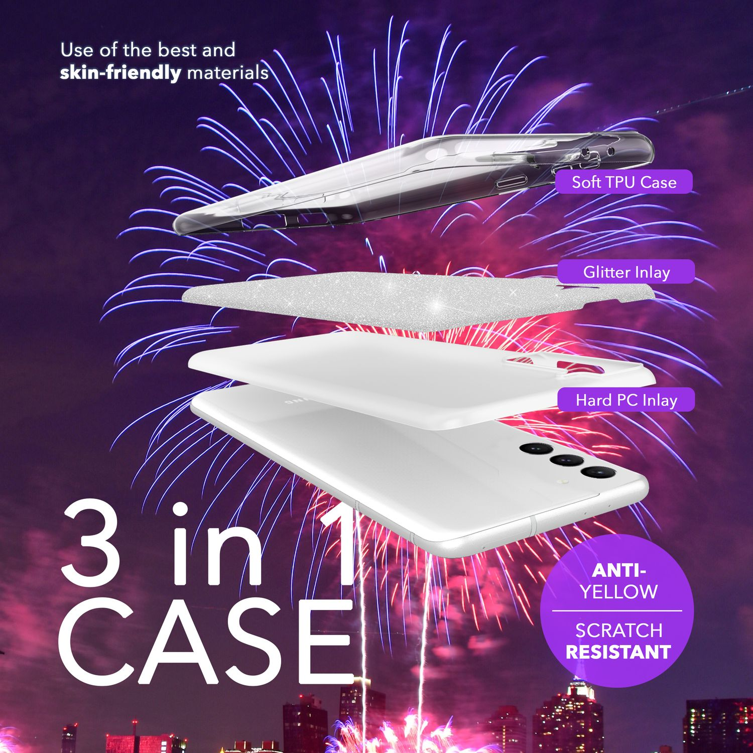 Explosionsansicht eines Handycases mit Schichten. Glitzer, Hart-PC und weiches TPU.