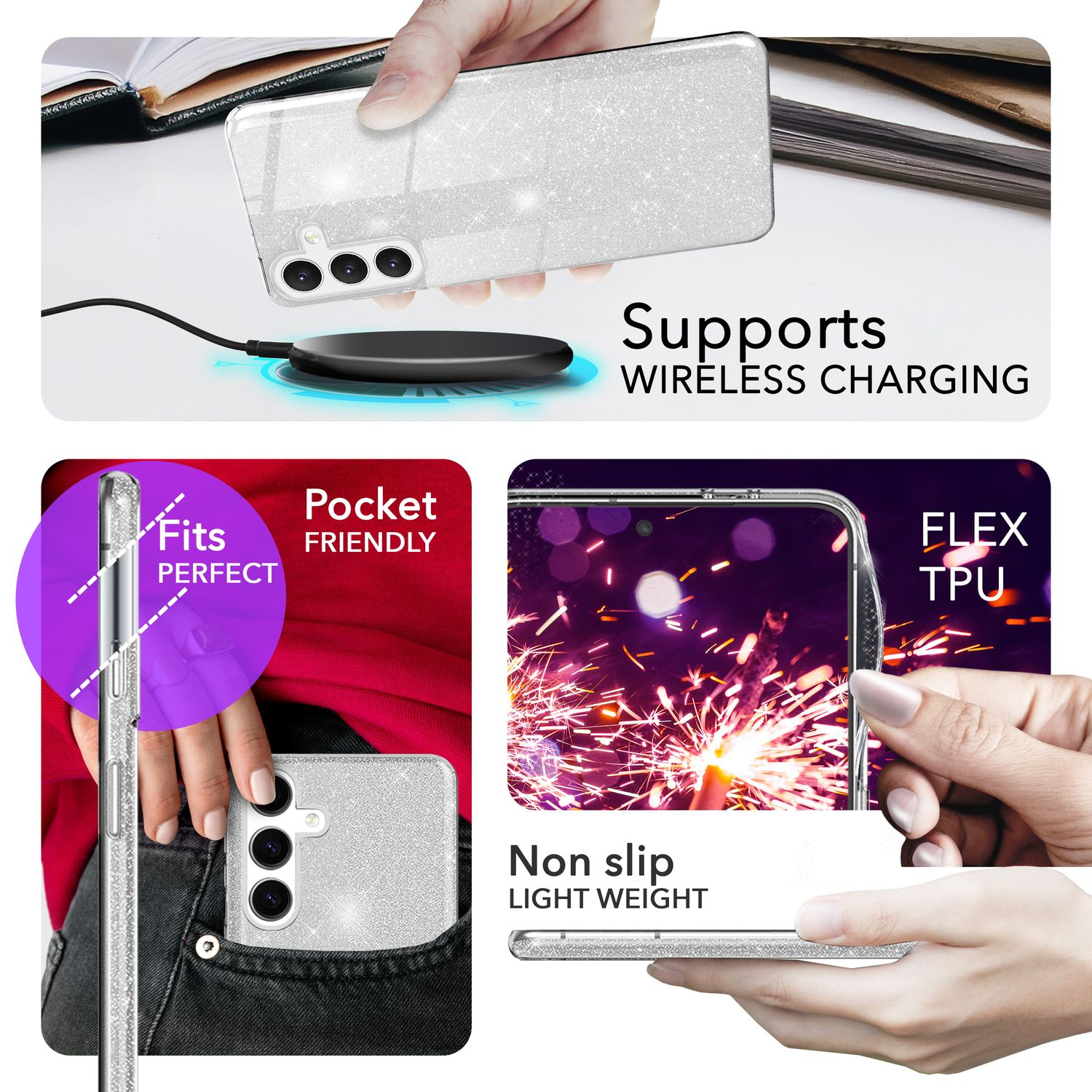 Nahaufnahme einer Handyhülle mit Glitzer. Zeigt die Hülle auf einem Telefon, in einer Tasche und kabelloses Laden.