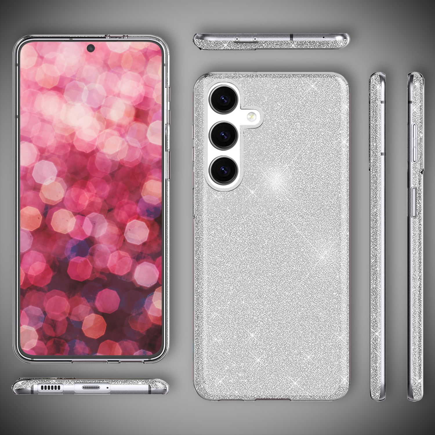 Handyhüllen-Set mit Handy mit Bokeh-Hintergrund, Handyhülle und verschiedenen Ansichten der silbernen Hülle.