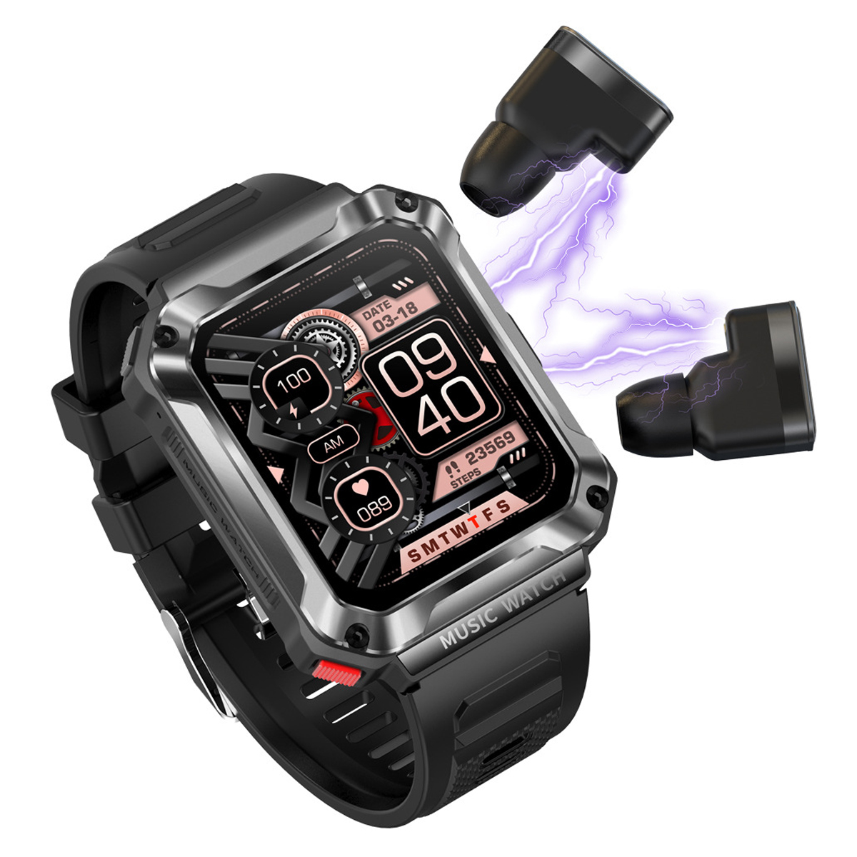 Eine schwarze Smartwatch mit schwarzem Armband. Zwei schwarze kabellose Ohrhörer sind sichtbar.