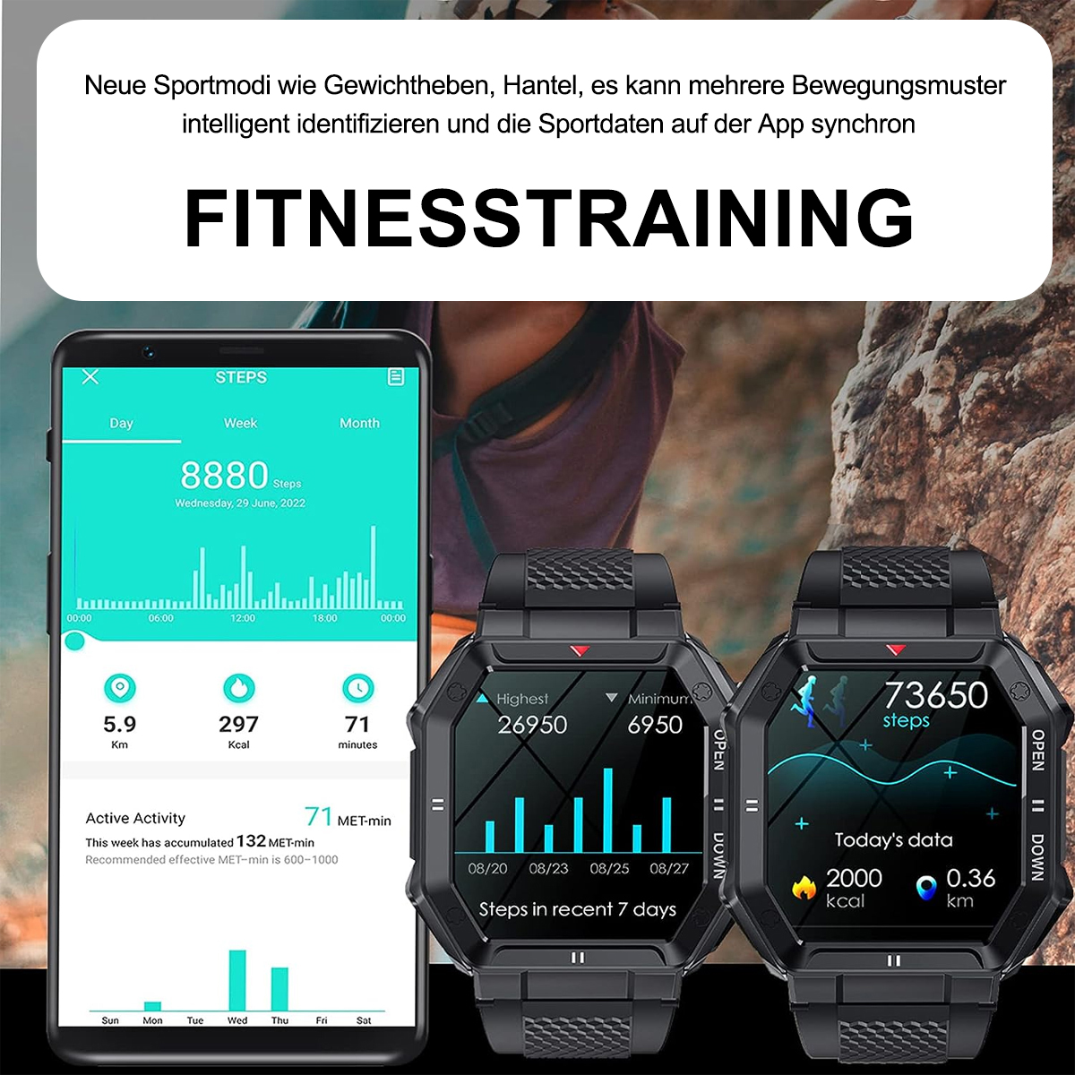 Smartwatch-Bildschirm mit Schritten und Fitnessdaten, zwei Smartwatches werden angezeigt.