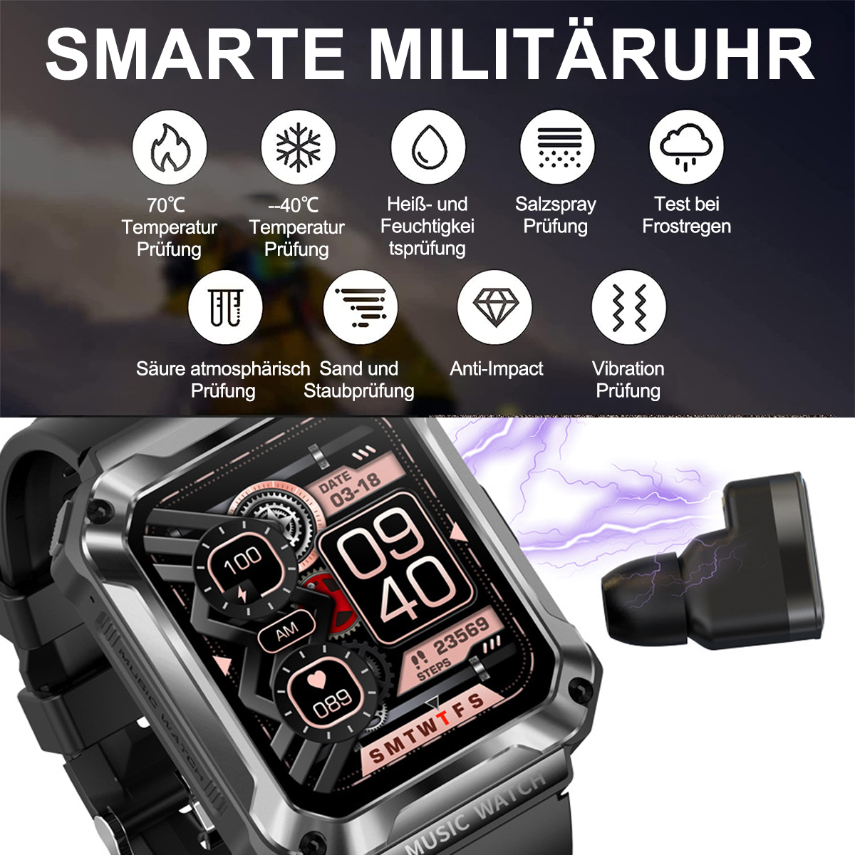 Smarte Militäruhr mit verschiedenen Testsymbolen. Das Zifferblatt zeigt die Uhrzeit und andere Daten.