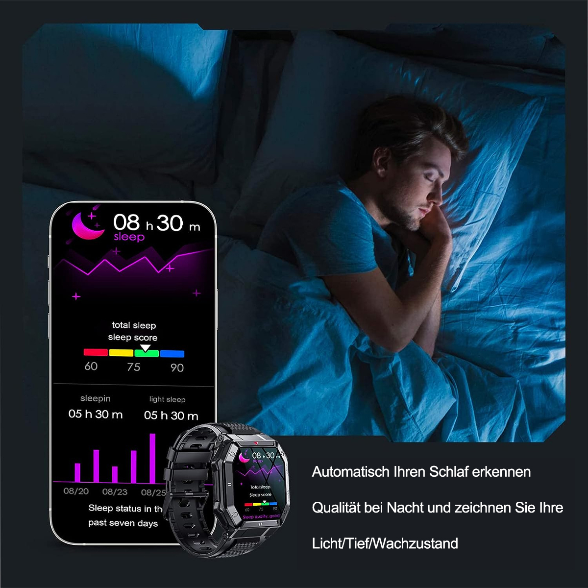 Ein Mann schläft im Bett, Smartwatch und Telefon zeigen Schlafdaten.