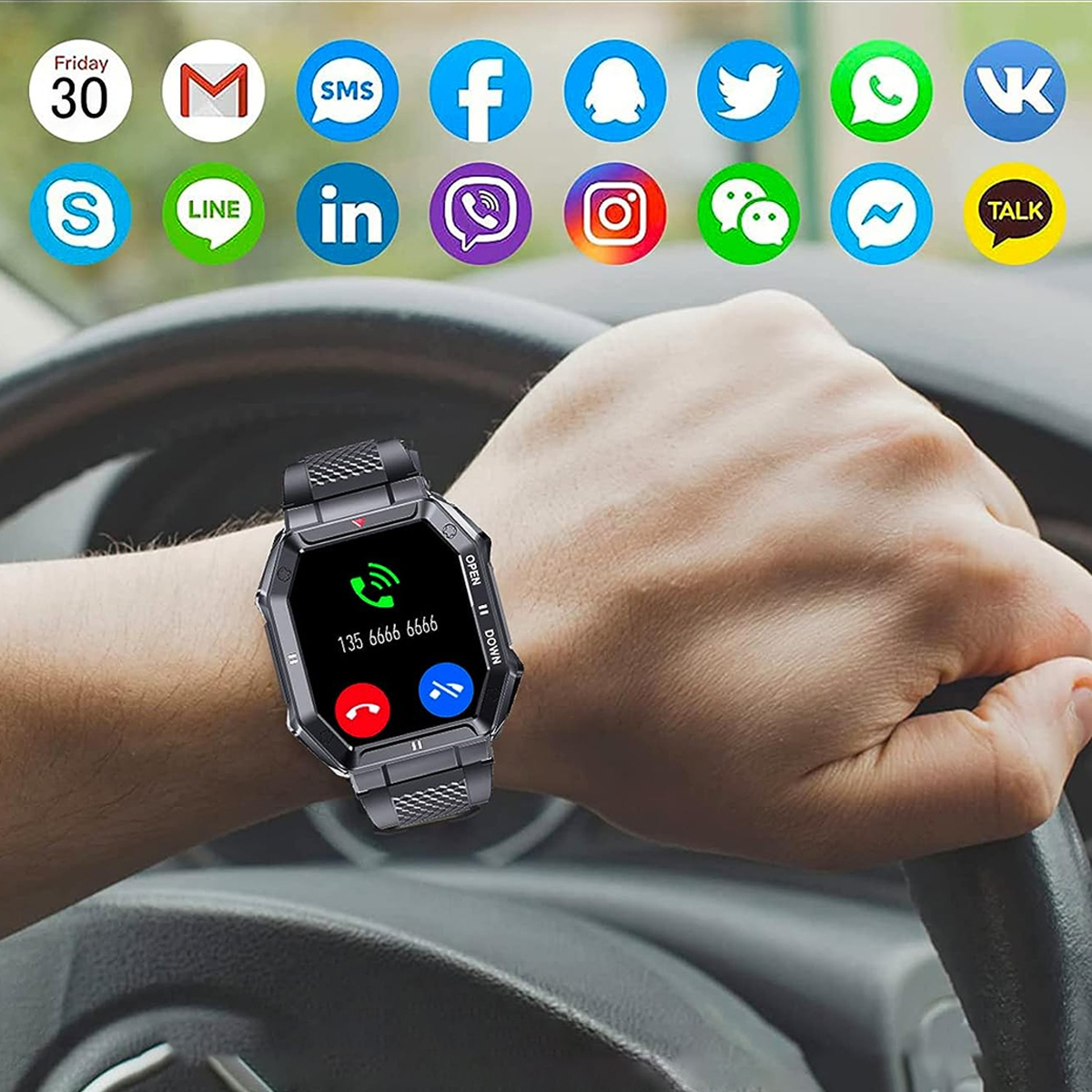Eine Person, die eine Smartwatch trägt, mit Symbolen darüber und einem Telefonanrufbildschirm auf der Uhr.