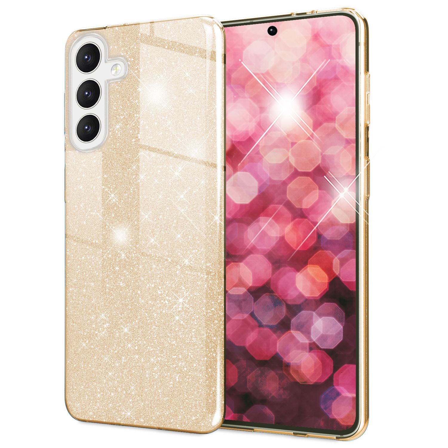 Goldener Glitzer-Handyhülle links, Telefon mit Bokeh-Anzeige rechts.
