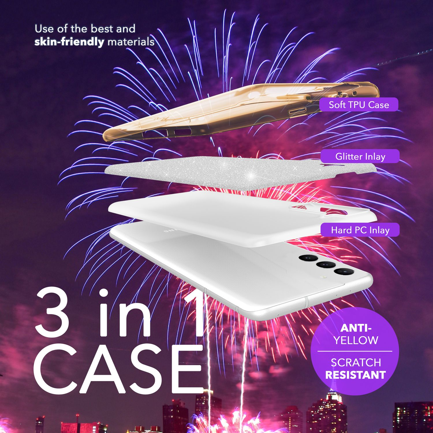 Explosionsansicht einer Handyhülle mit Schichten. Text: "3 in 1 CASE", "Anti-Gelb" und "Kratzfest".