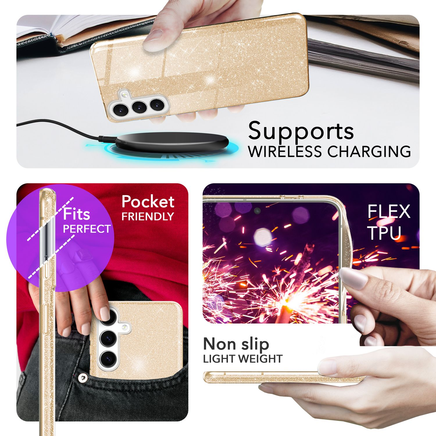 Eine goldene Handyhülle mit Glitzerdesign, ein kabelloses Ladegerät und ein Telefon in einer Tasche.