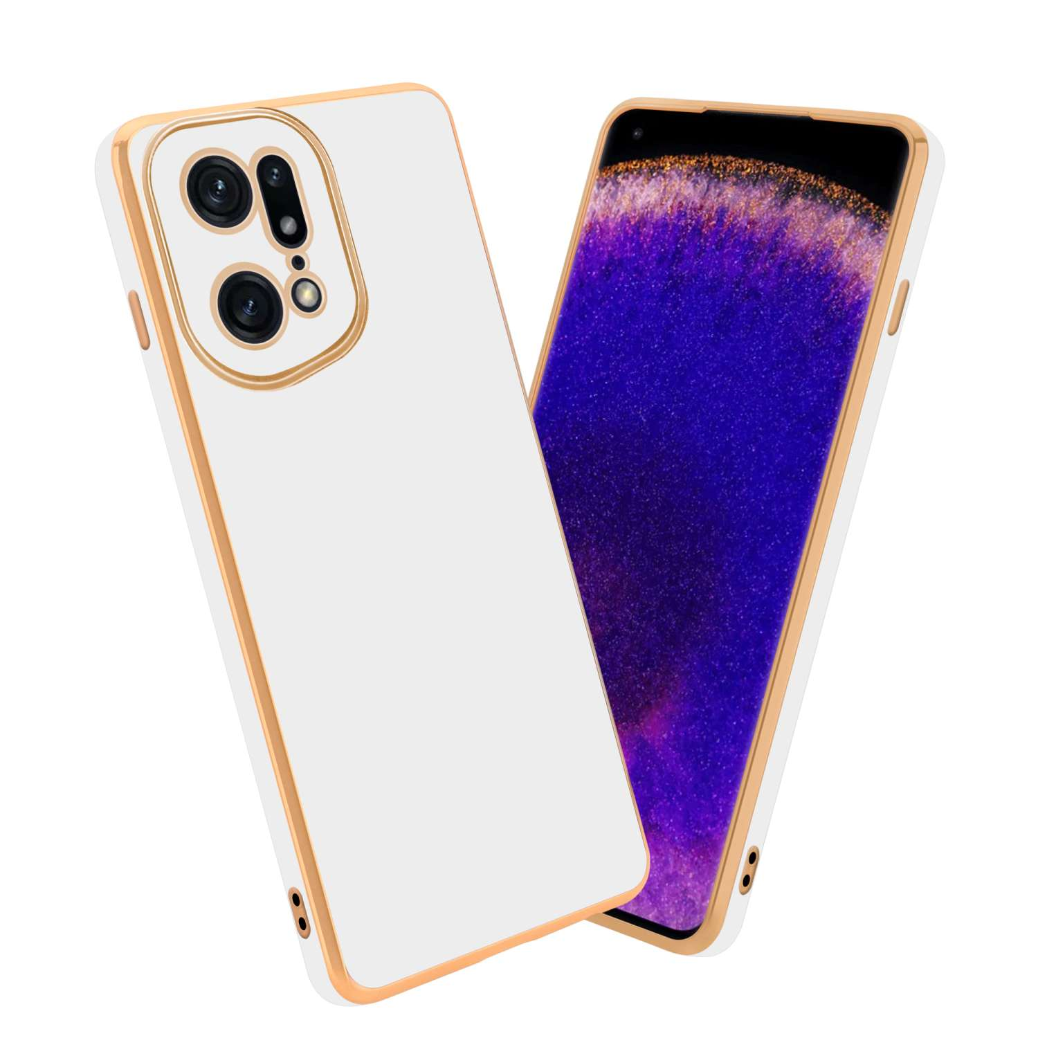 Custodia bianca per telefono con finiture dorate. Il telefono ha uno sfondo viola e tre fotocamere.