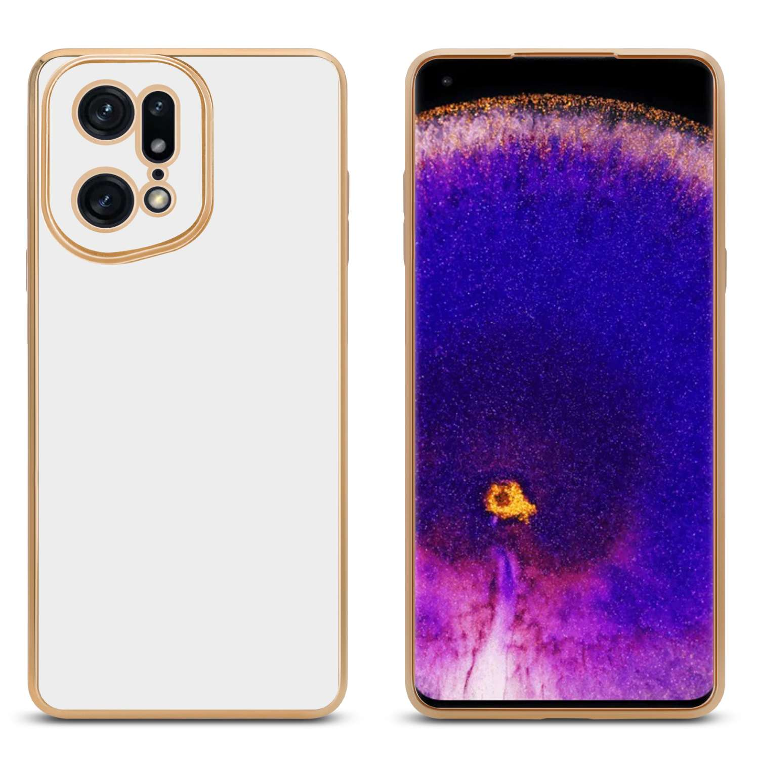 Due telefoni. Uno bianco con bordo dorato, l'altro con retro viola e lenti della fotocamera.