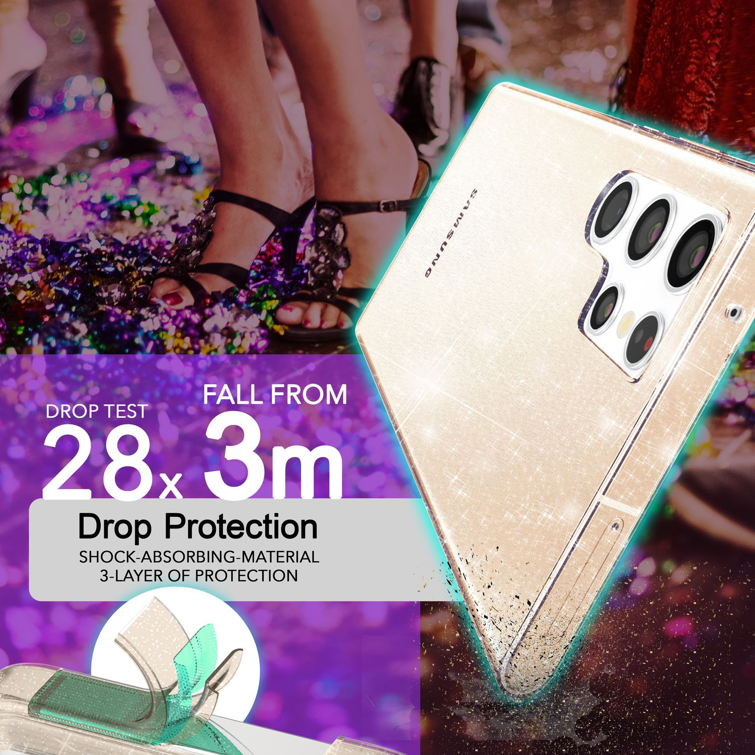 Une coque de téléphone avec un téléphone à l'intérieur. Des détails sur le matériau absorbant les chocs et les tests de chute sont affichés.