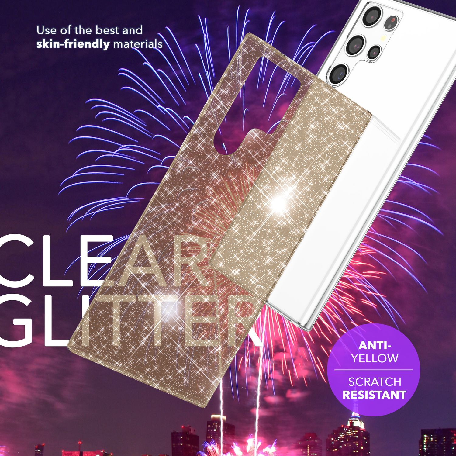 Coque transparente à paillettes avec texte, feux d'artifice et téléphone blanc.