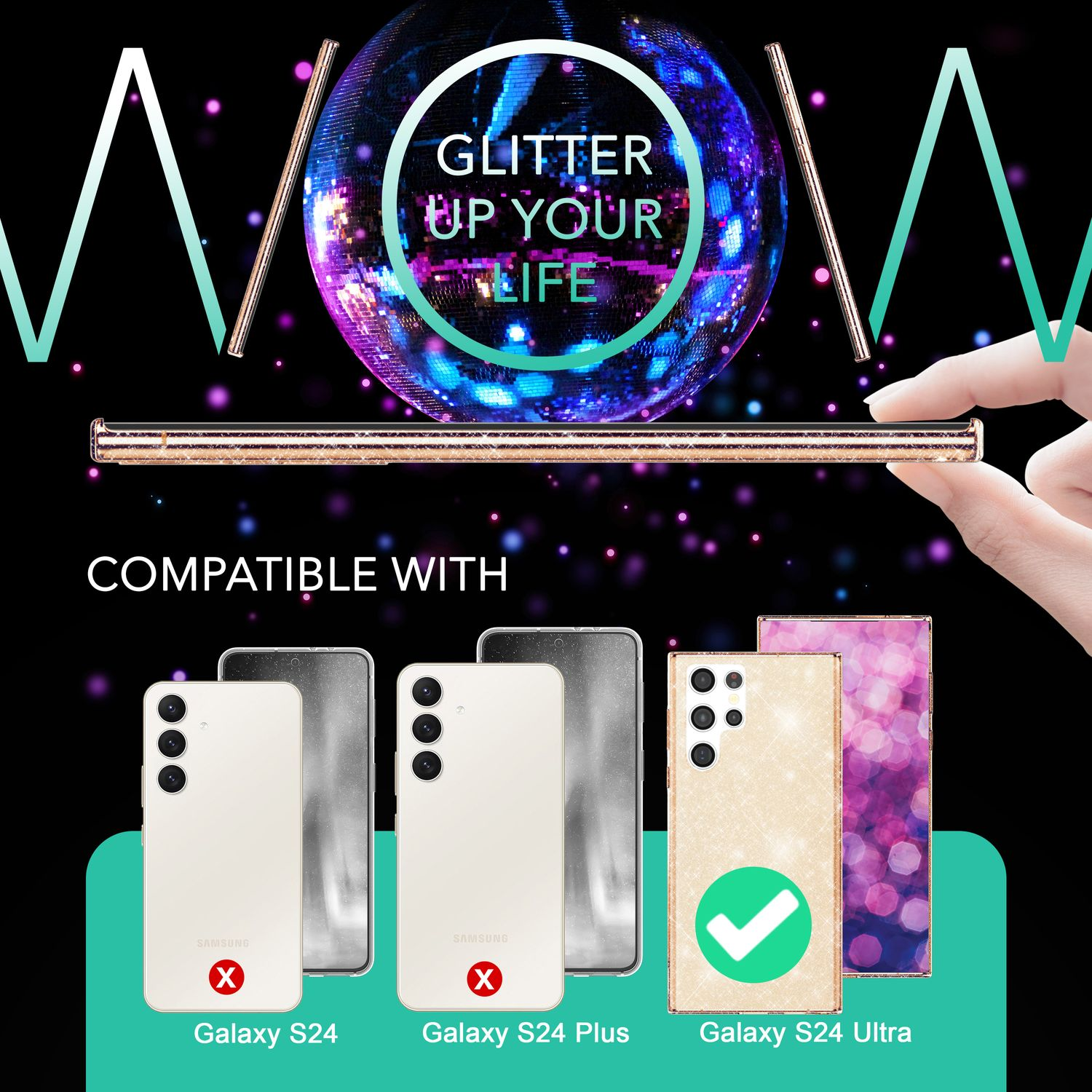 Présentation de produit de coque de téléphone. Compatible avec Galaxy S24 Ultra. Autres téléphones non compatibles.
