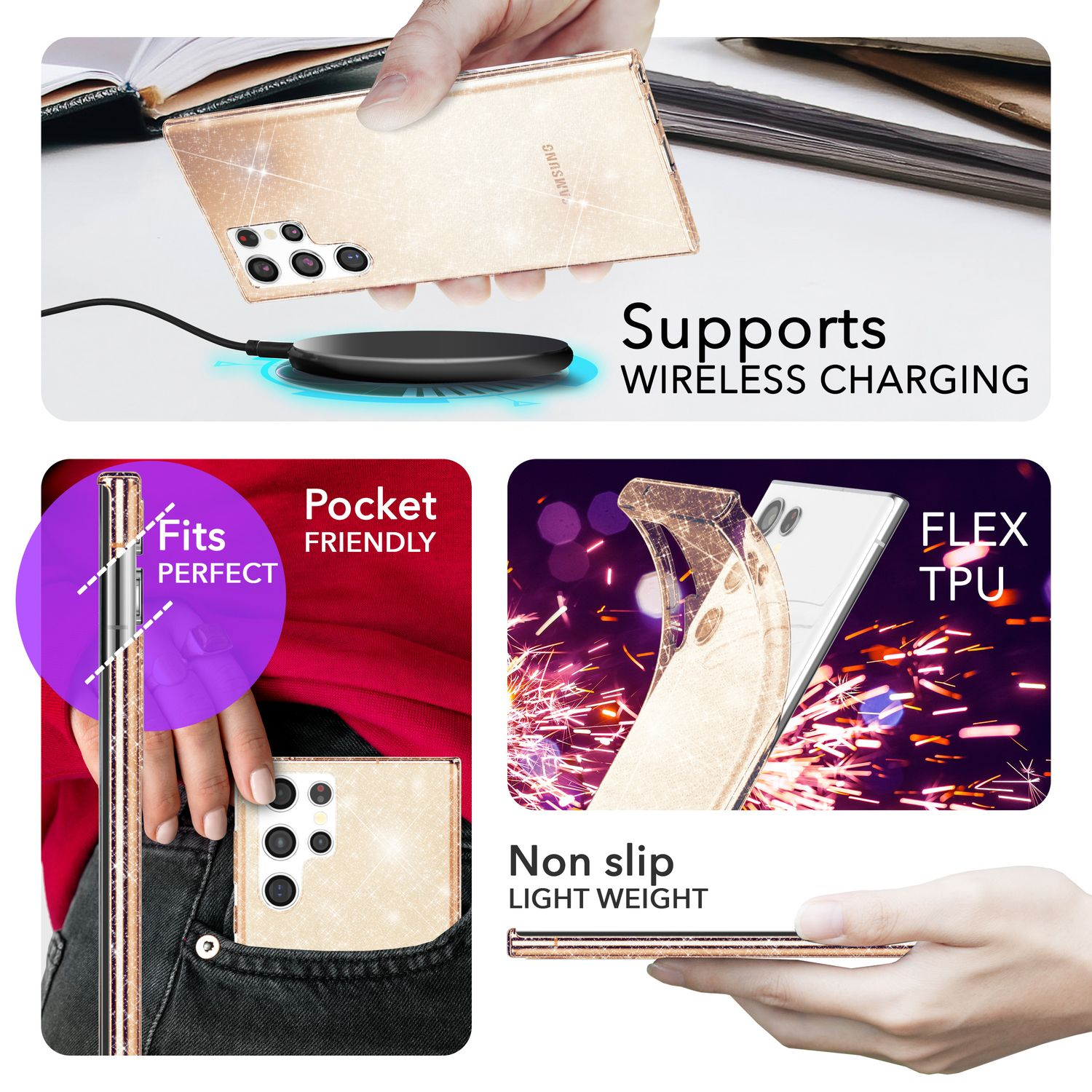 Coque de smartphone avec paillettes, prend en charge la charge sans fil. Ajustement parfait, format poche.