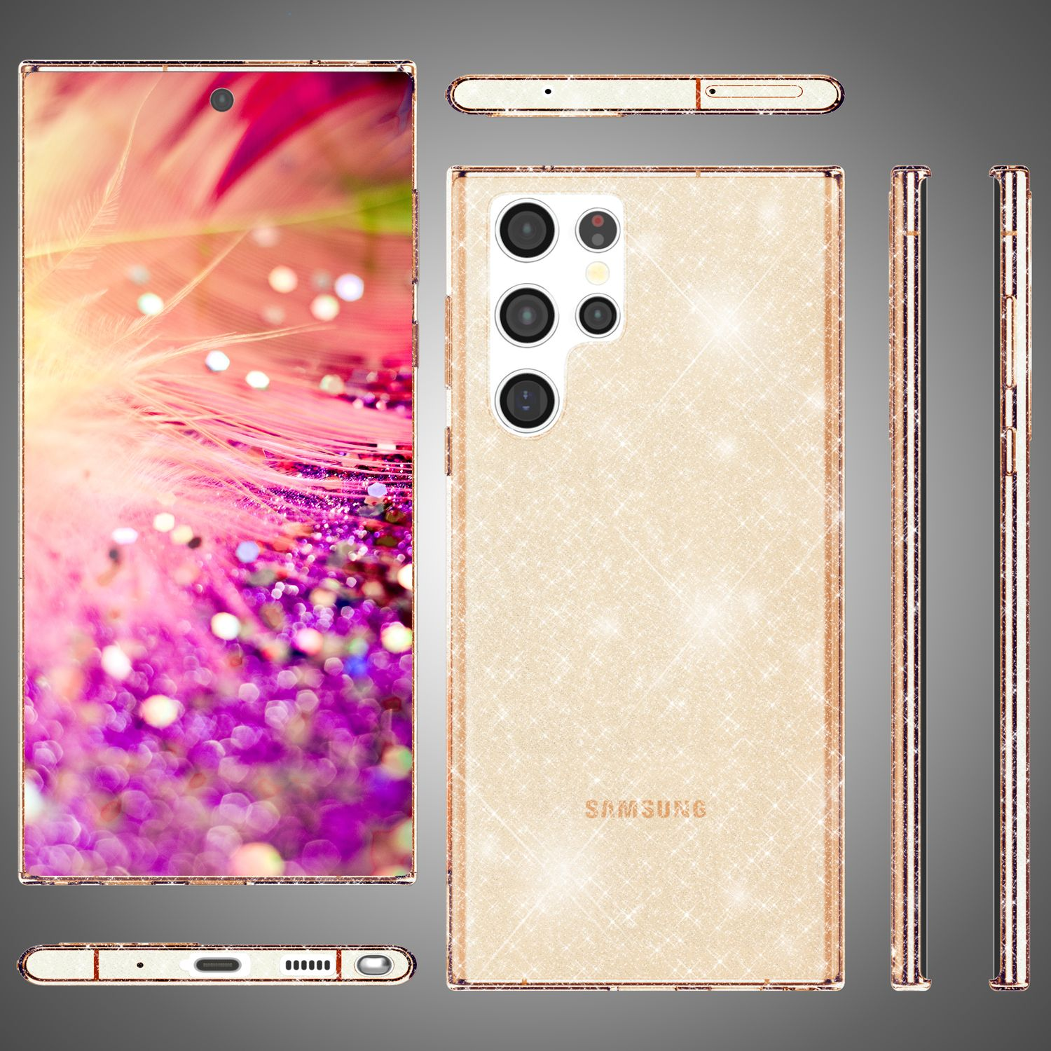 Smartphone avec un étui doré chatoyant, vues multiples. Le logo Samsung est visible.