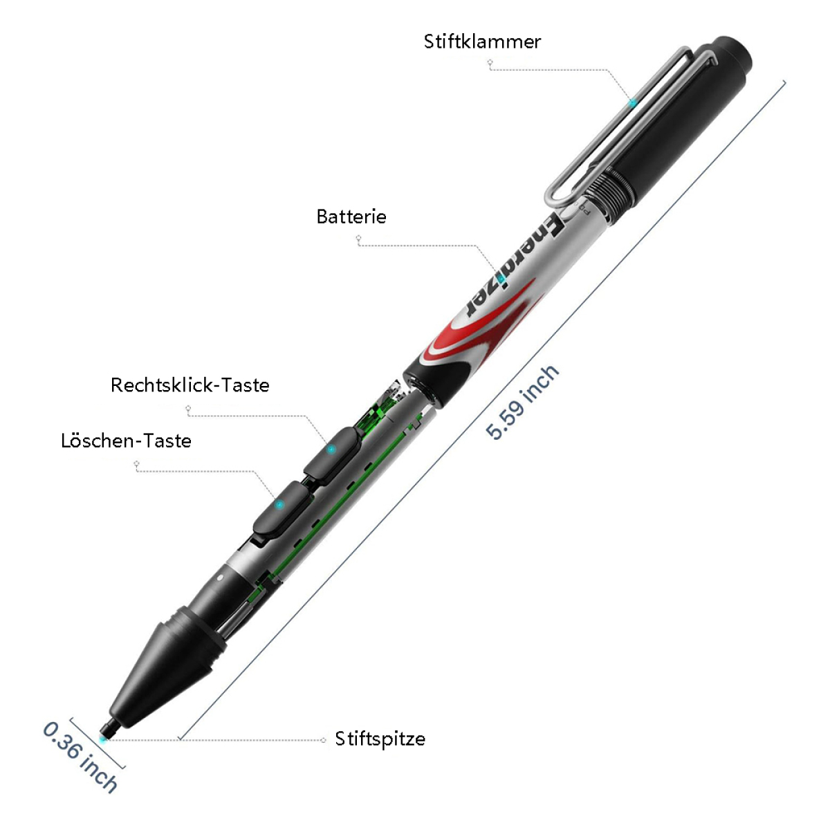 Ein Energizer-Stift mit Beschriftungen und Messungen. Er ist teilweise zerlegt und zeigt die inneren Komponenten.