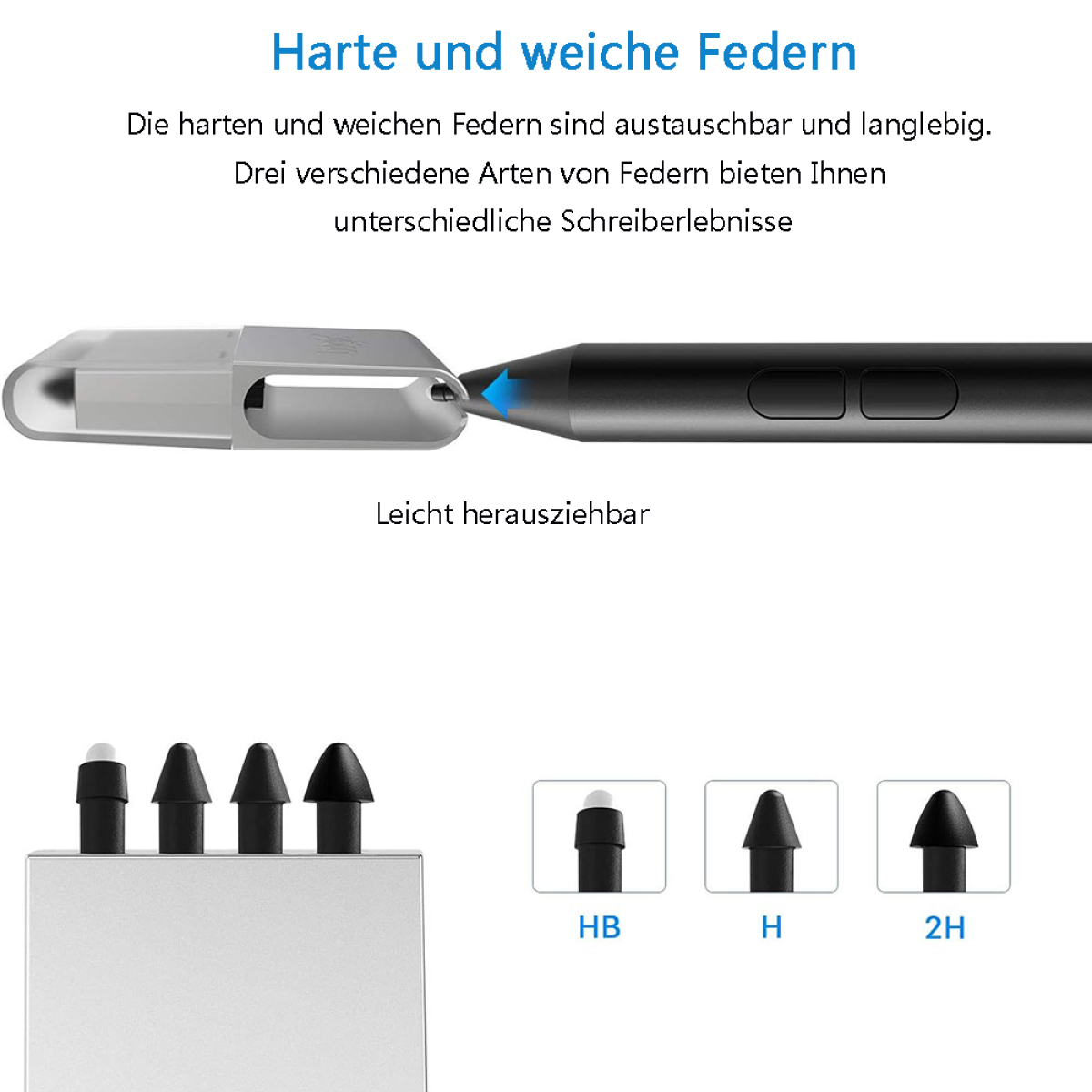 Stylus-Stift mit austauschbaren Spitzen: HB, H und 2H, mit Nahaufnahme.