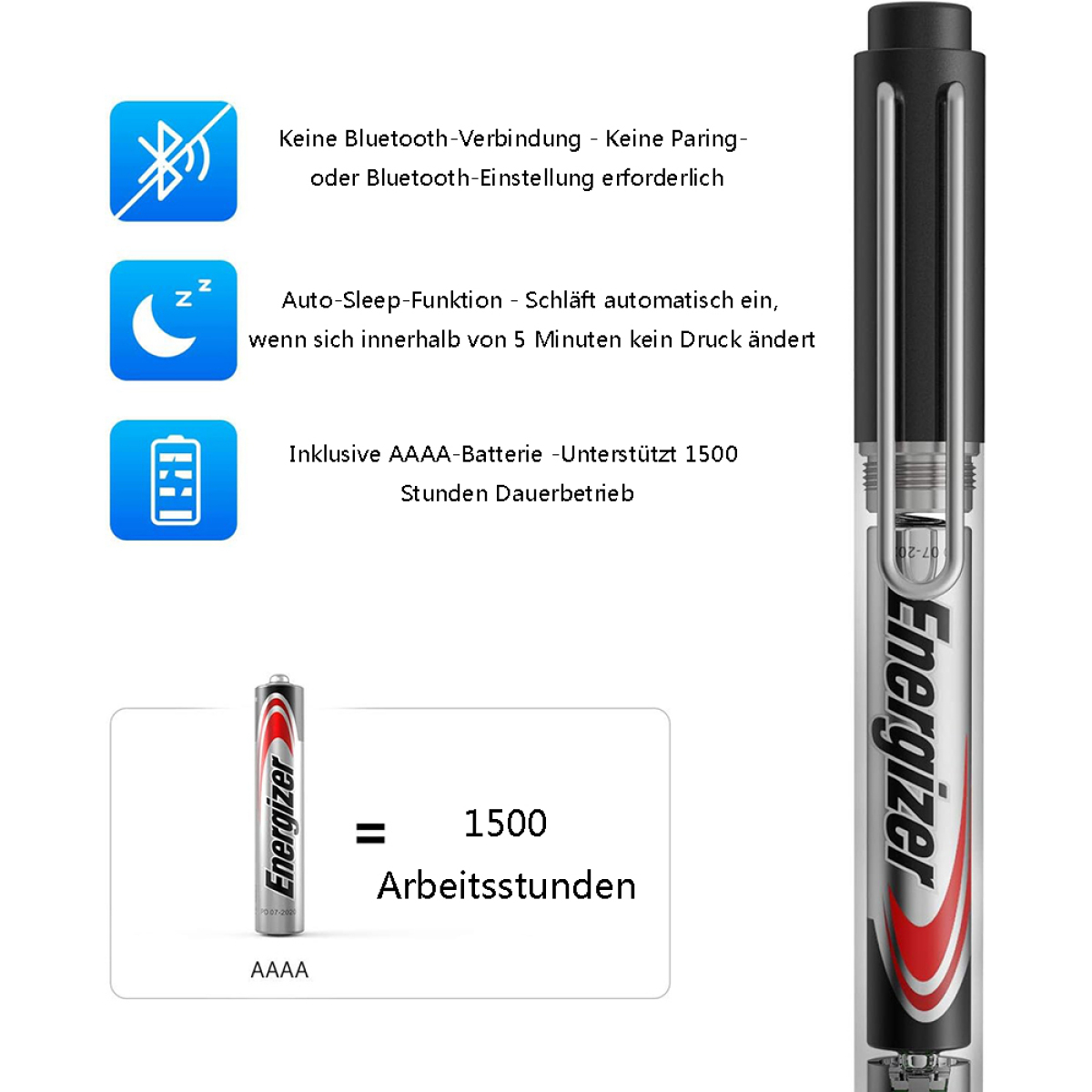 Ein schwarzer Stylus-Stift mit Text und Symbolen. Enthält Batterielebensdauer, Auto-Sleep-Funktion.
