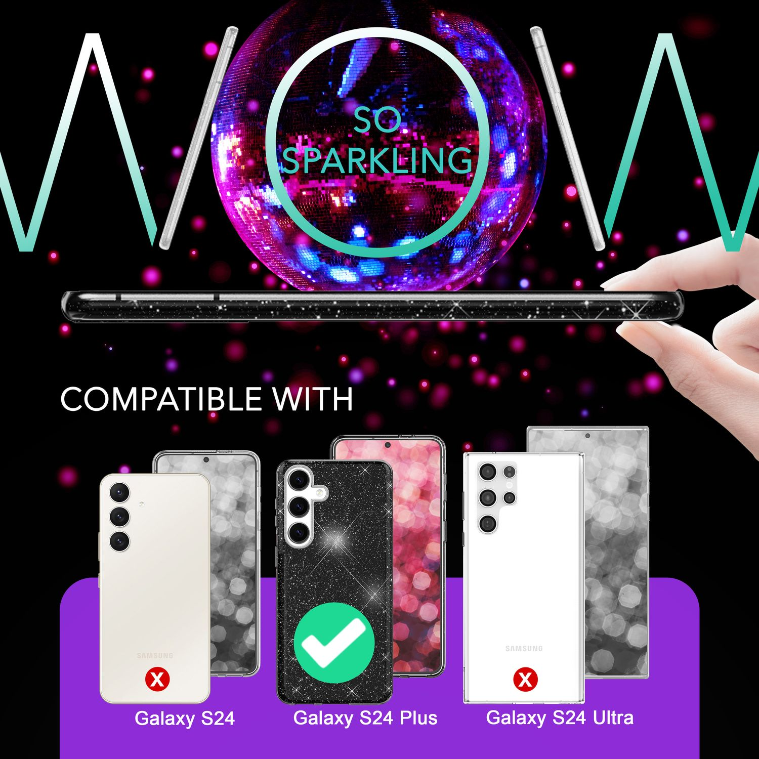 Eine Handyhülle mit Glitzerdesign, kompatibel mit Galaxy S24 Plus, einige Modelle markiert.