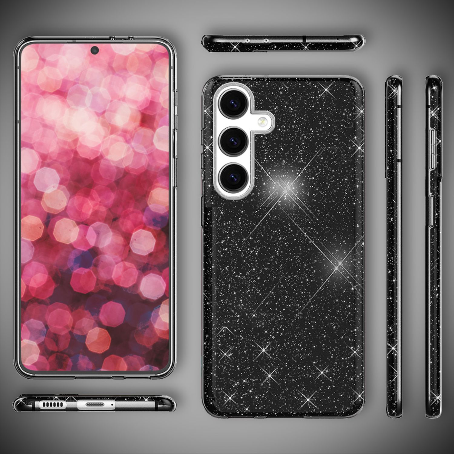 Schwarze Handyhülle mit Glitzerdesign, mit einem Telefon links und Seitenansichten.