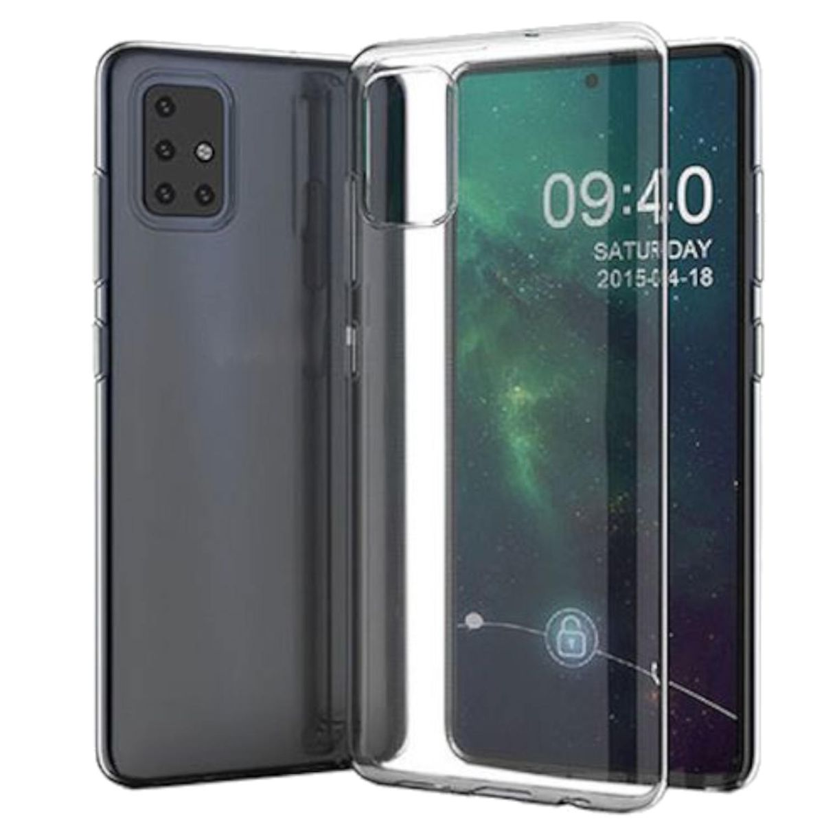 Transparente Handyhülle neben einem Handy. Der Bildschirm zeigt die Uhrzeit an.