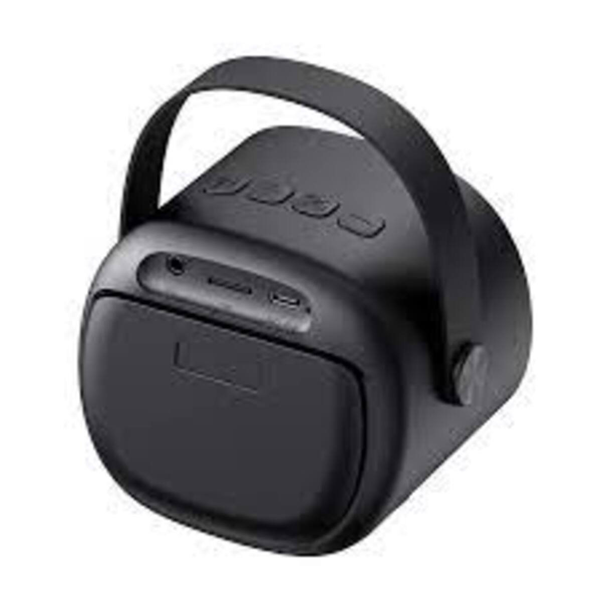 Altavoz portátil negro con asa, botones y puertos.