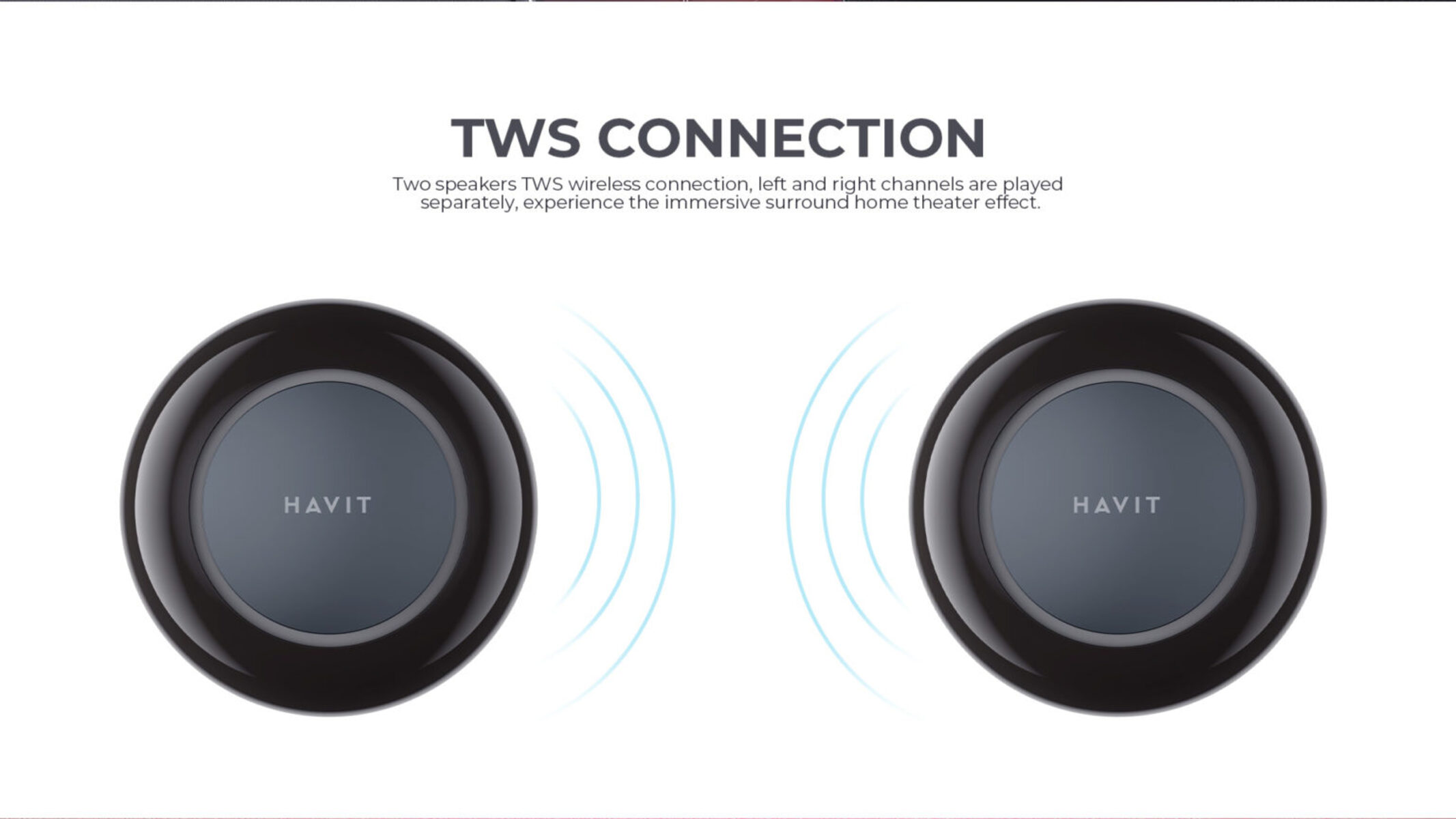 Dwa czarne głośniki z napisem HAVIT, z niebieskimi liniami wskazującymi połączenie bezprzewodowe.