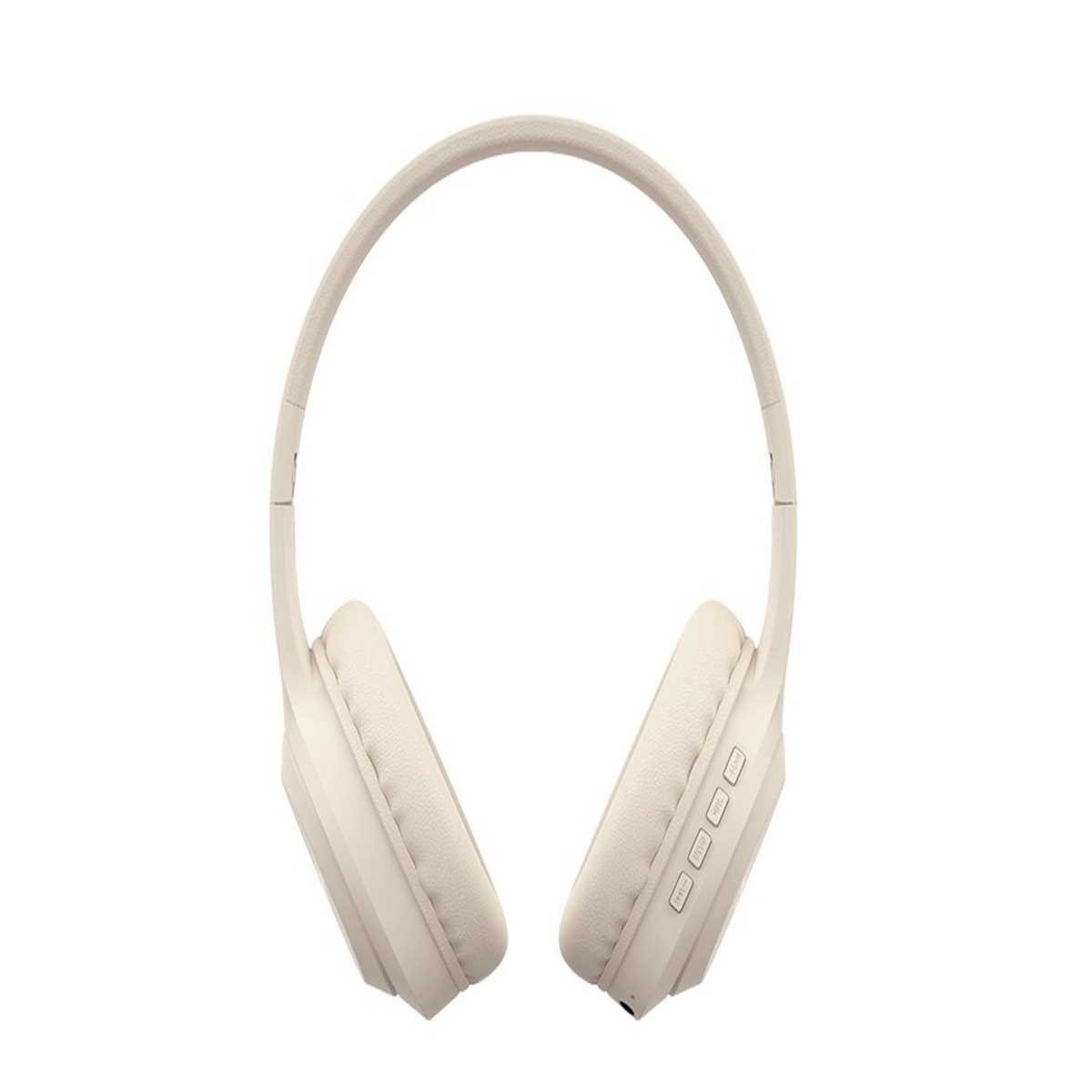 Auriculares supraaurales beige con diadema y orejeras acolchadas. Botones en la orejera derecha.