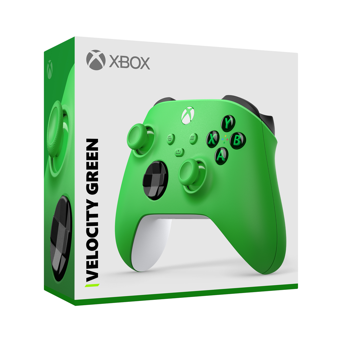 Controller Xbox verde in una scatola verde con testo 'Velocity Green', sfondo bianco.