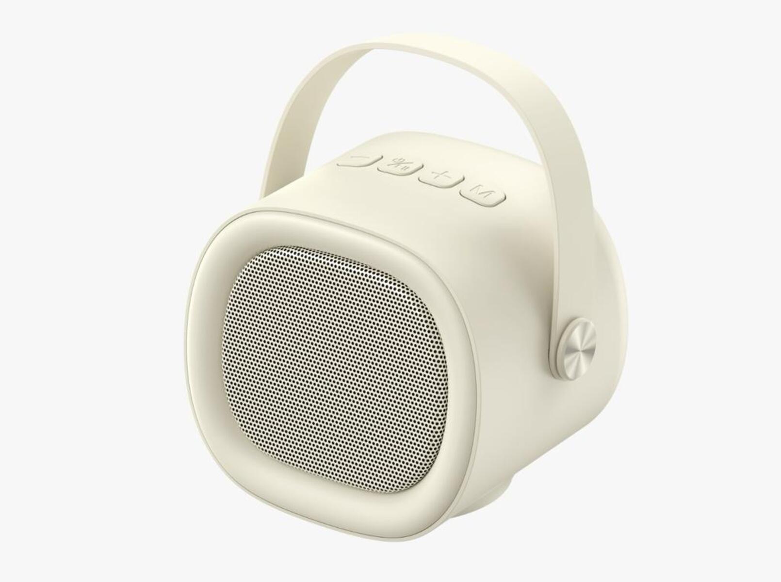 Altavoz portátil crema con asa y botones de control.