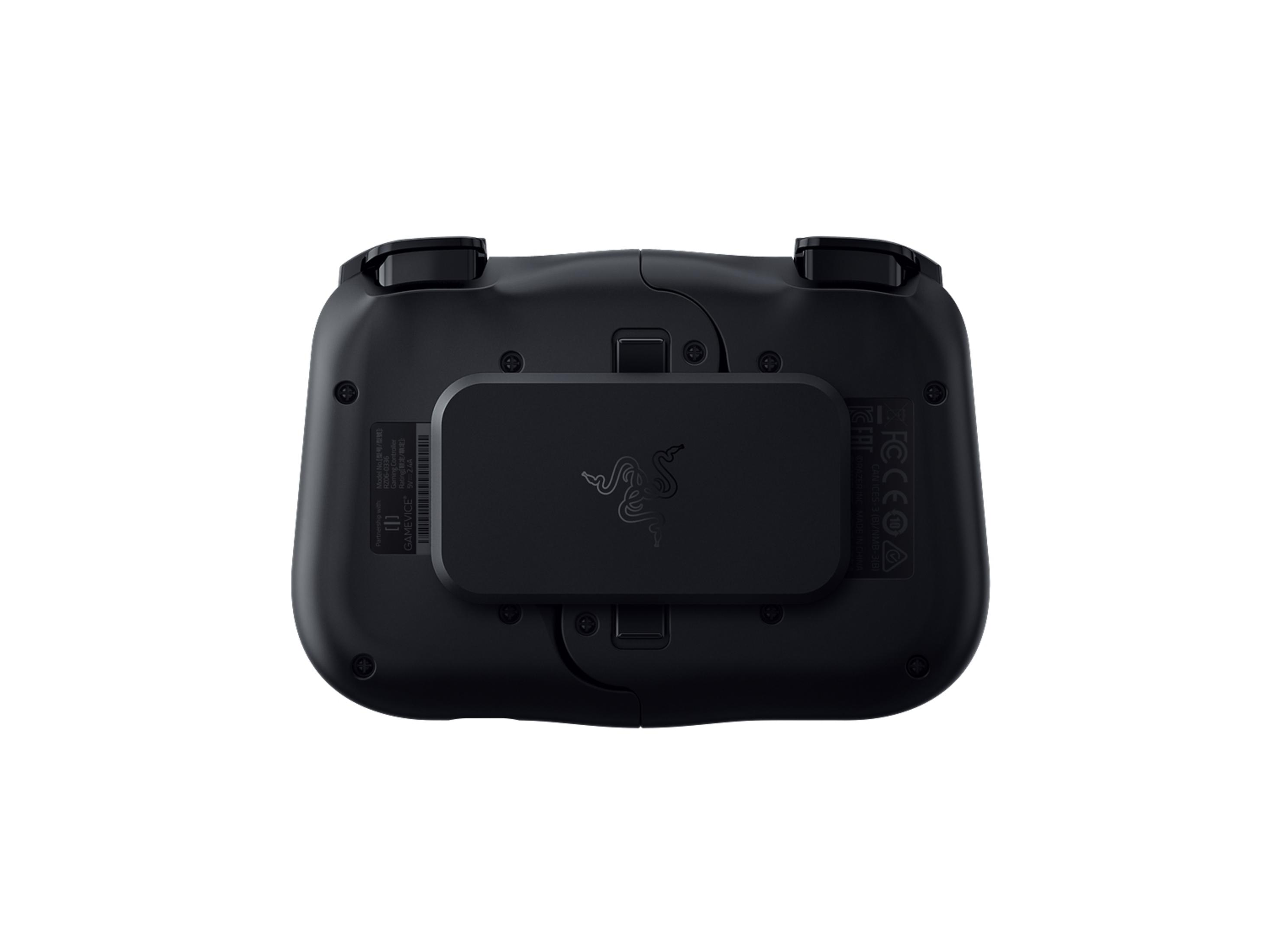 Czarny kontroler do gier Razer, widok z tyłu, z widocznym logo Razer.