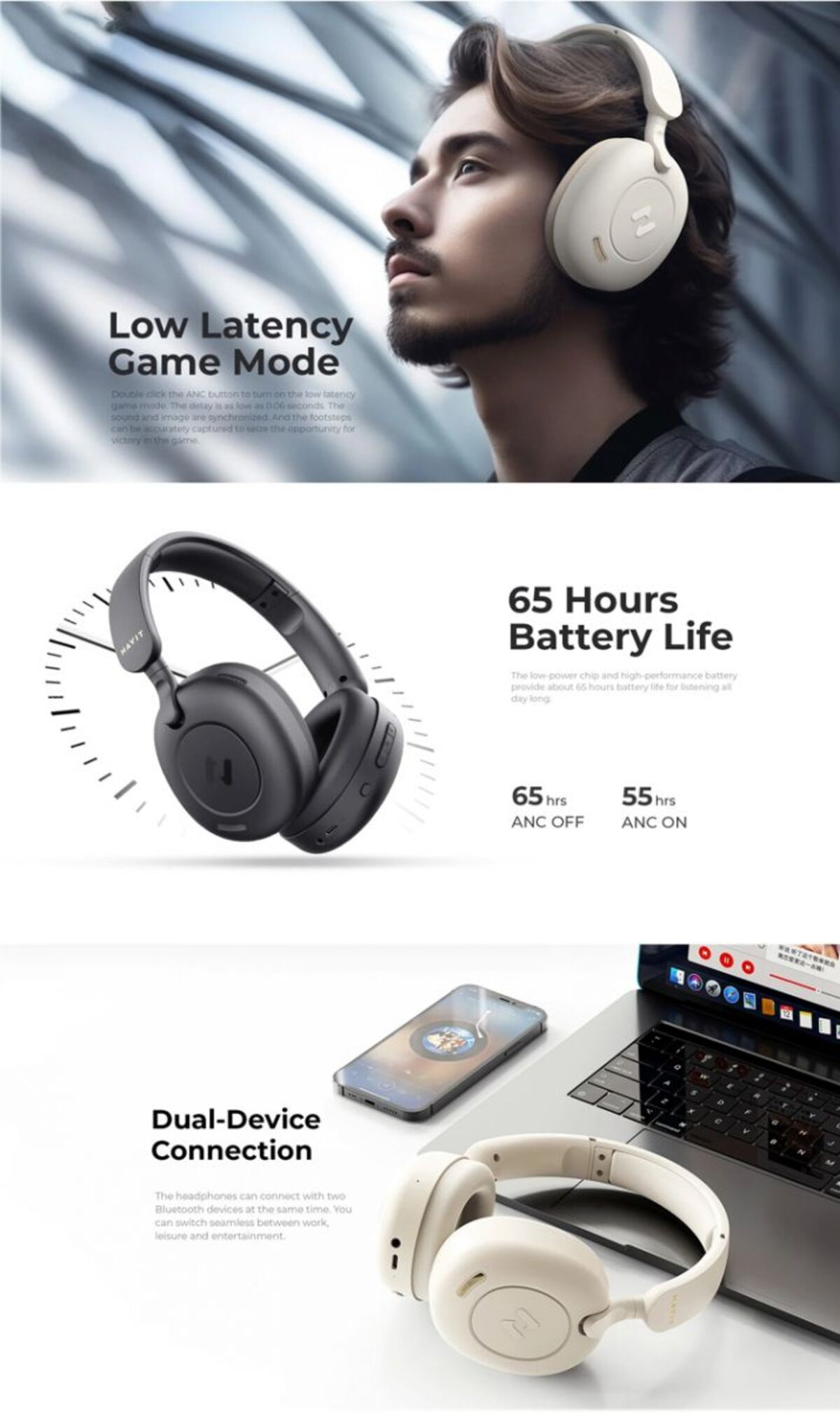 Słuchawki i osoba nosząca słuchawki, z tekstem o funkcjach.