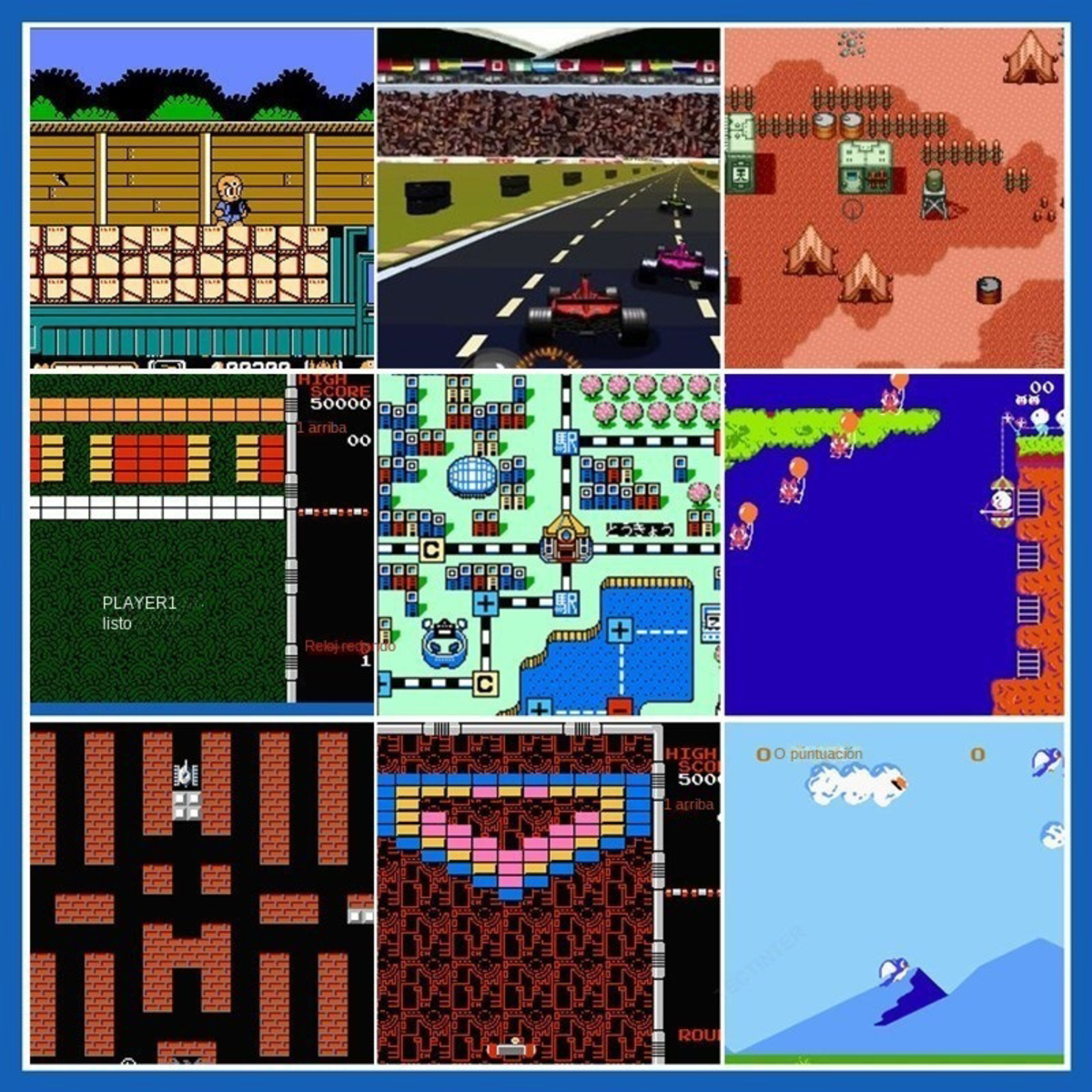 Nueve capturas de pantalla de un videojuego retro, que muestran varios niveles y jugabilidad, gráficos coloridos.