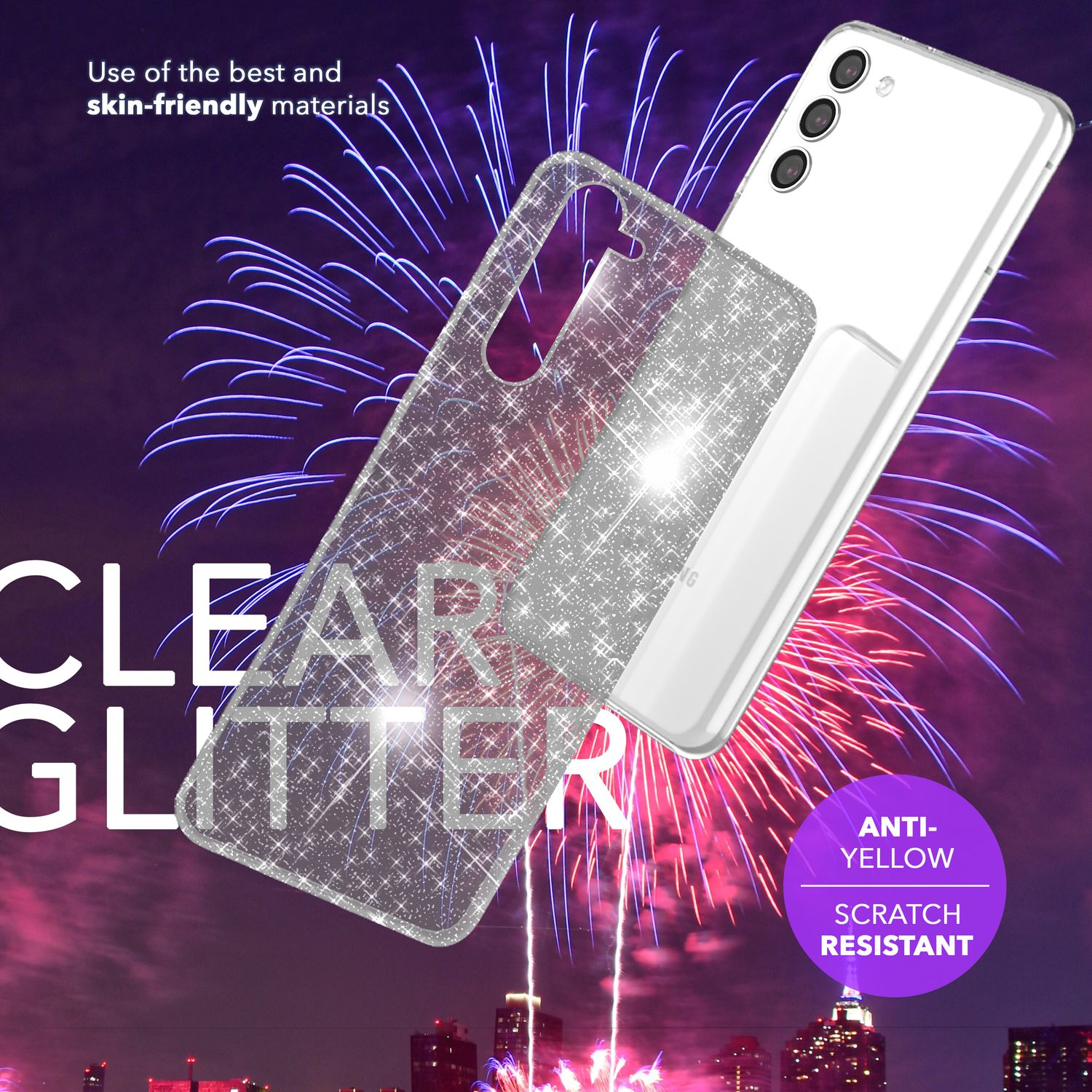 Klare Glitzer-Handyhülle mit einem weißen Telefon. Text: Klarer Glitzer, Anti-Gelb, Kratzfest.