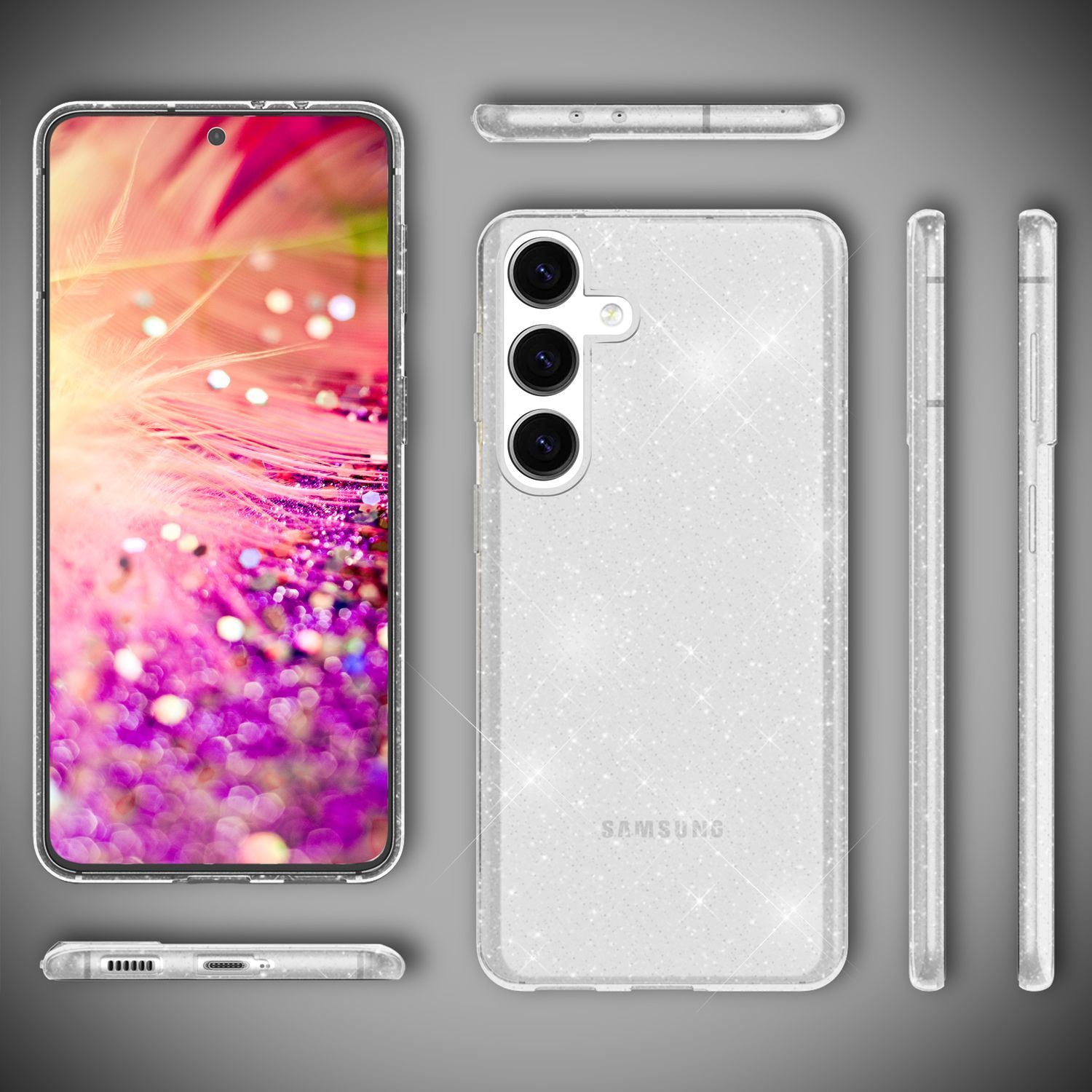 Transparente Handyhülle mit Glitzereffekt. Mehrere Ansichten: vorne, hinten, Seiten. Telefon ist sichtbar.