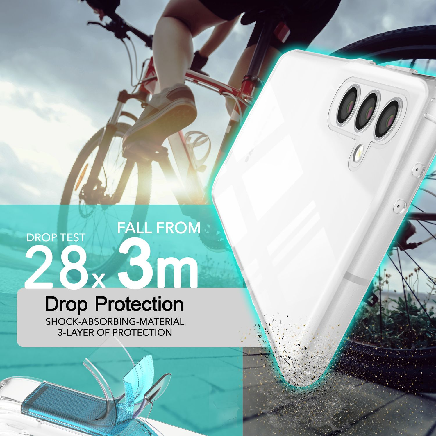 Coque de téléphone blanche sur un vélo avec montagnes et texte sur la protection contre les chutes.