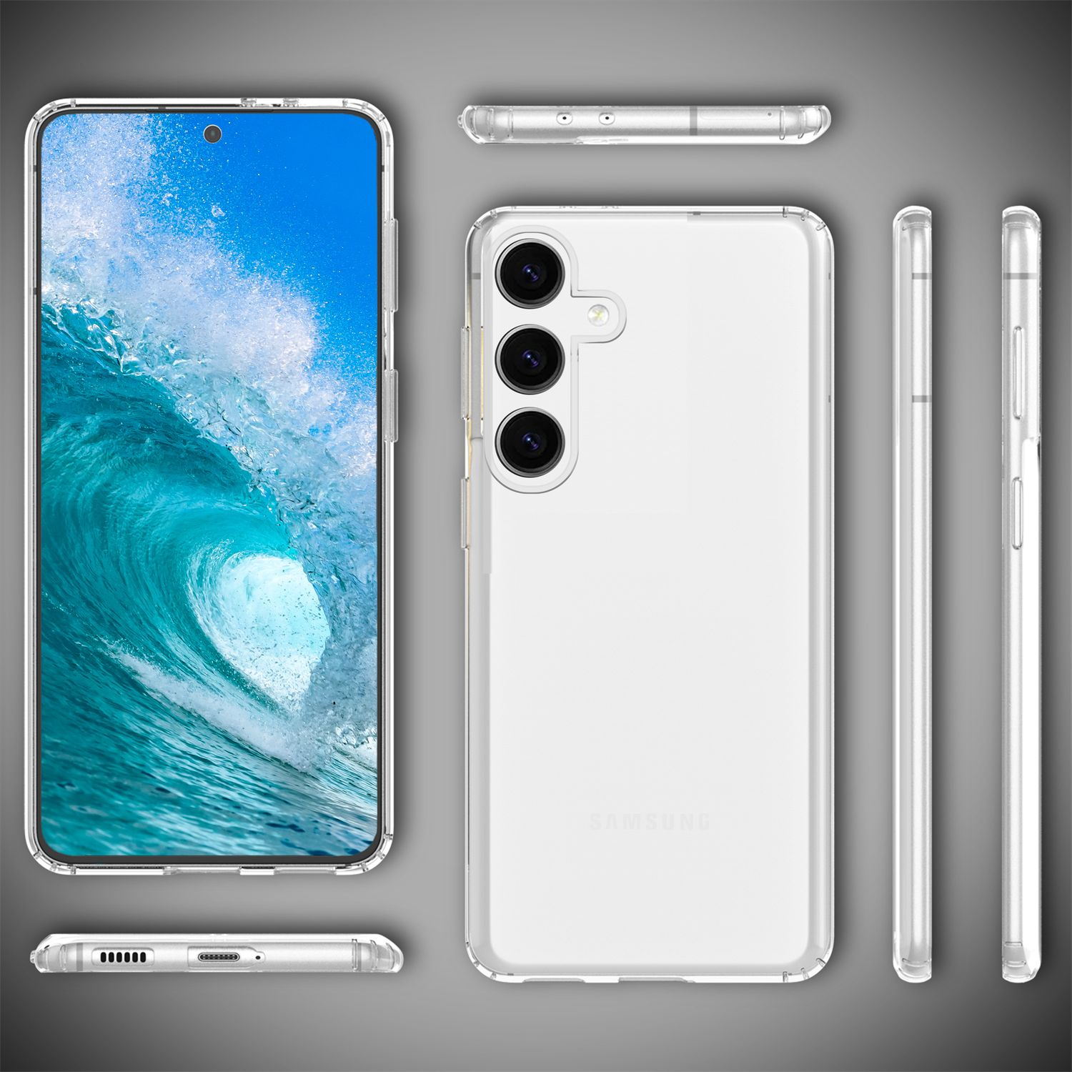 Une coque de téléphone transparente avec un téléphone à l'intérieur, vue sous plusieurs angles. Le téléphone dispose de trois caméras. Fond gris.