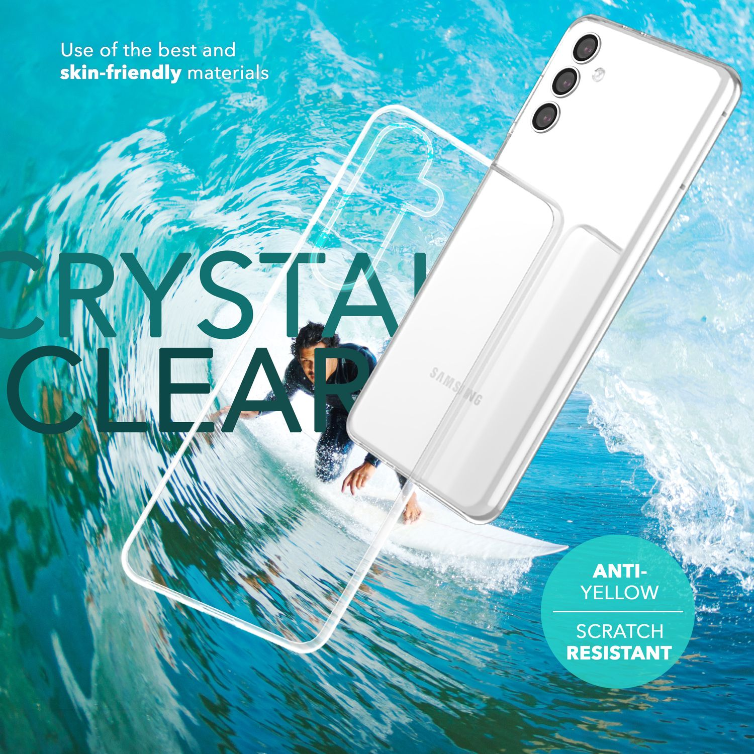 Coque de téléphone transparente sur un téléphone, surfeur dans l'eau, vagues.