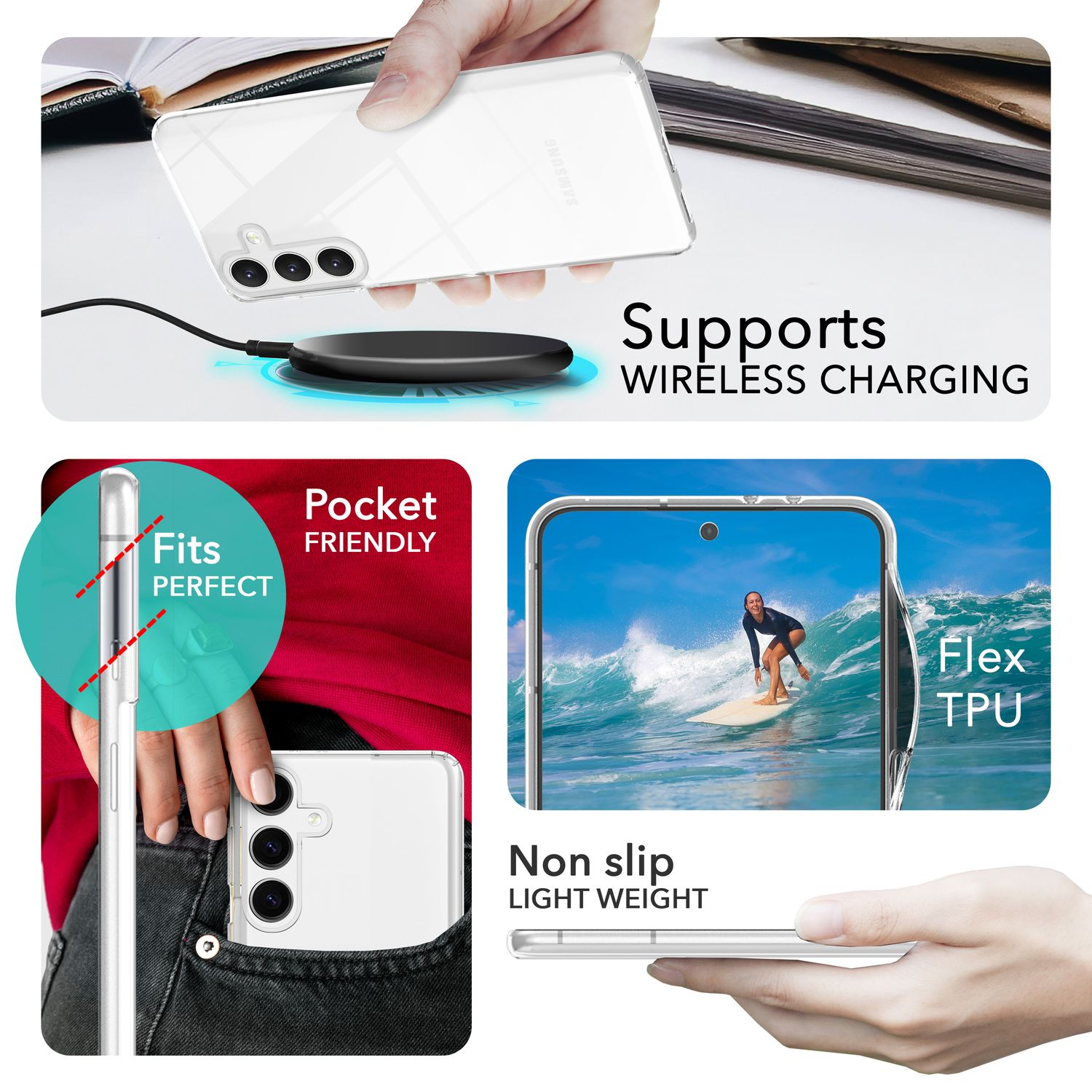 Une coque de téléphone transparente sur un téléphone, avec du texte sur la recharge sans fil et poche.