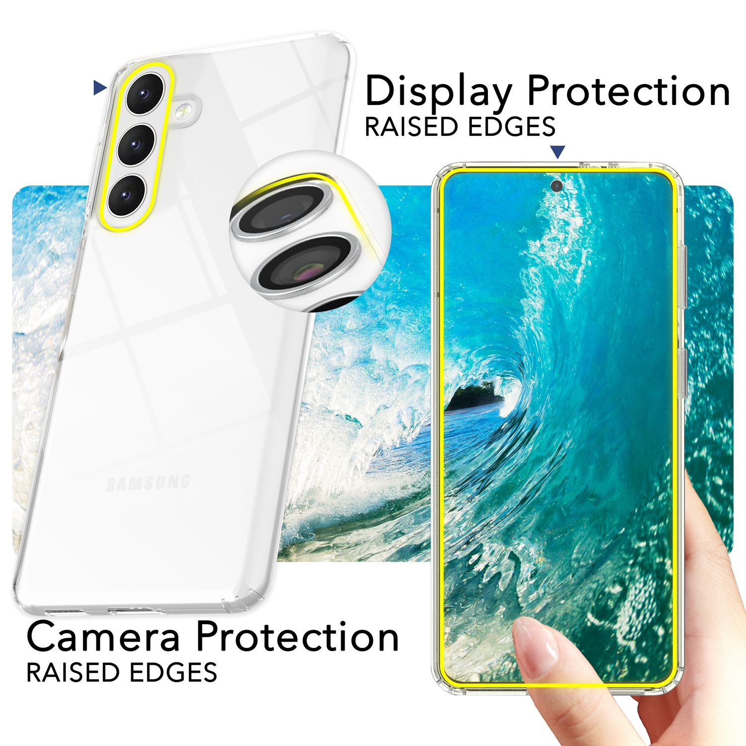Coque de téléphone transparente, affichant 'Protection d'écran' et 'Protection de caméra'.