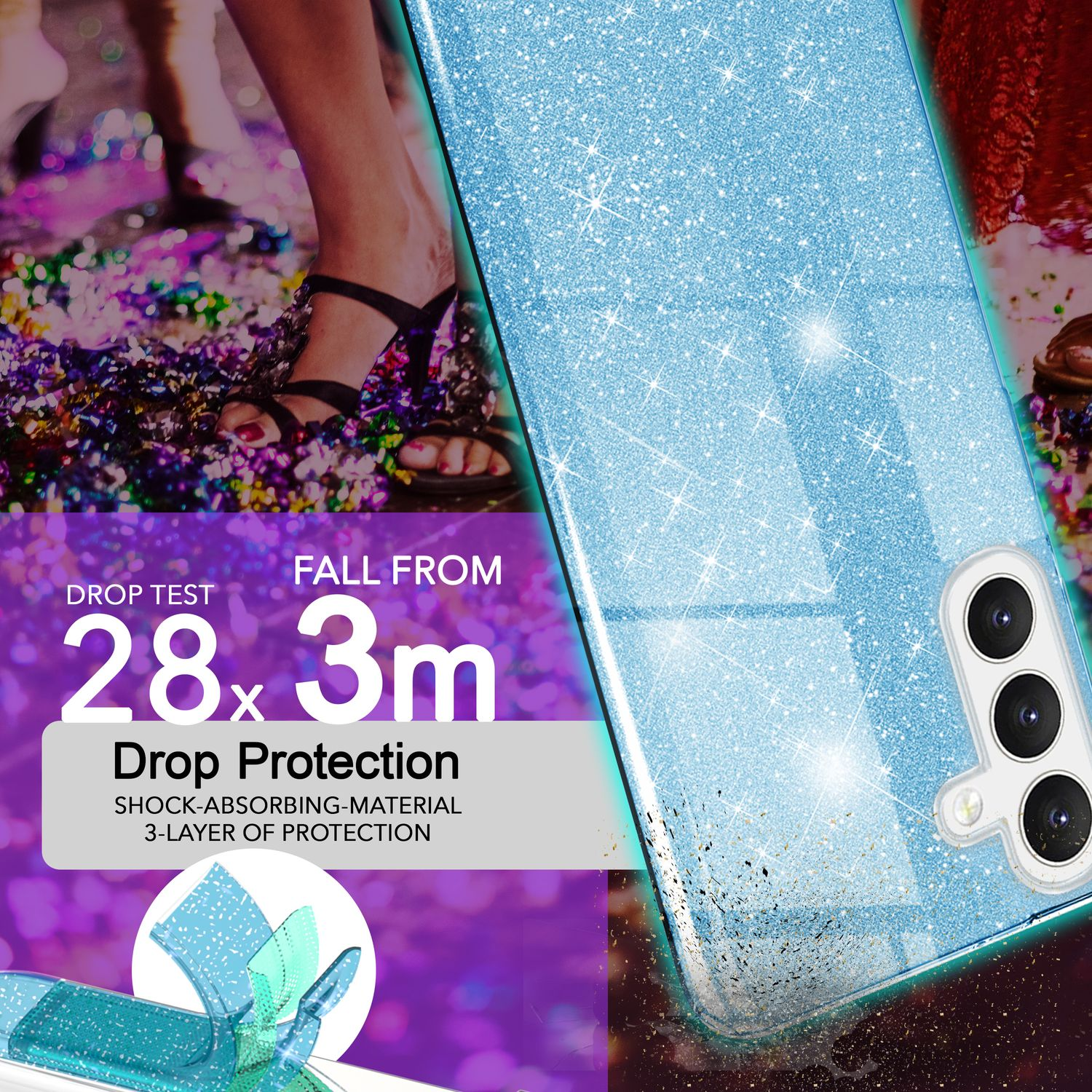 Blaue Handyhülle mit Glitzer, fallendem Konfetti und Text: Drop Protection, 28,3 m.