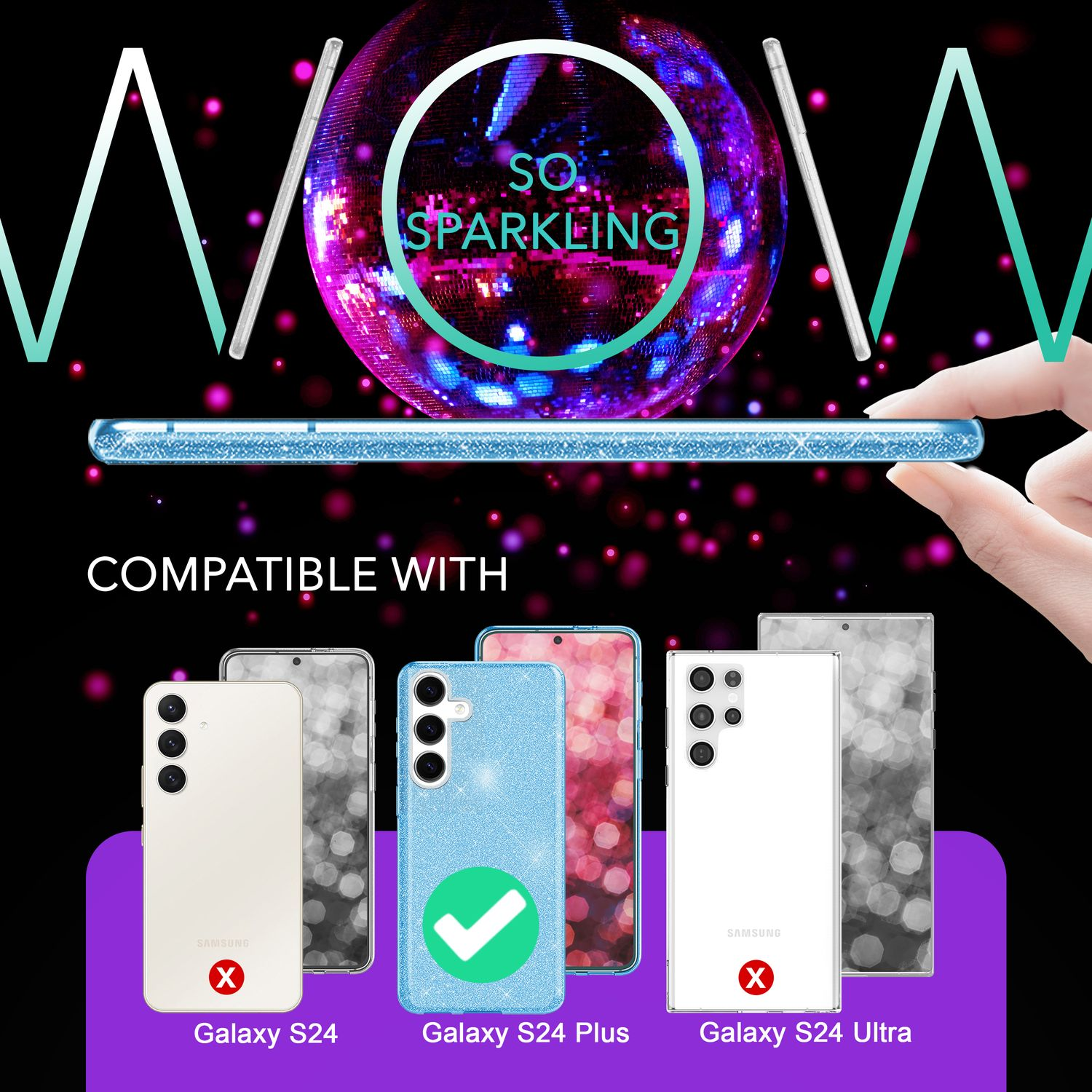 Handyhülle auf einem Telefon. Kompatibel mit Galaxy S24 Plus. Andere Modelle werden als nicht kompatibel gezeigt.