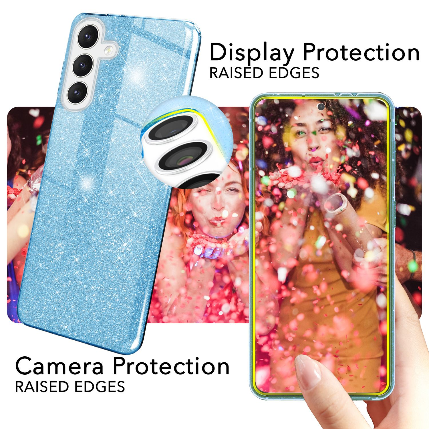 Blaue Glitzer-Handyhülle mit erhöhten Kanten. Frau auf dem Foto.
