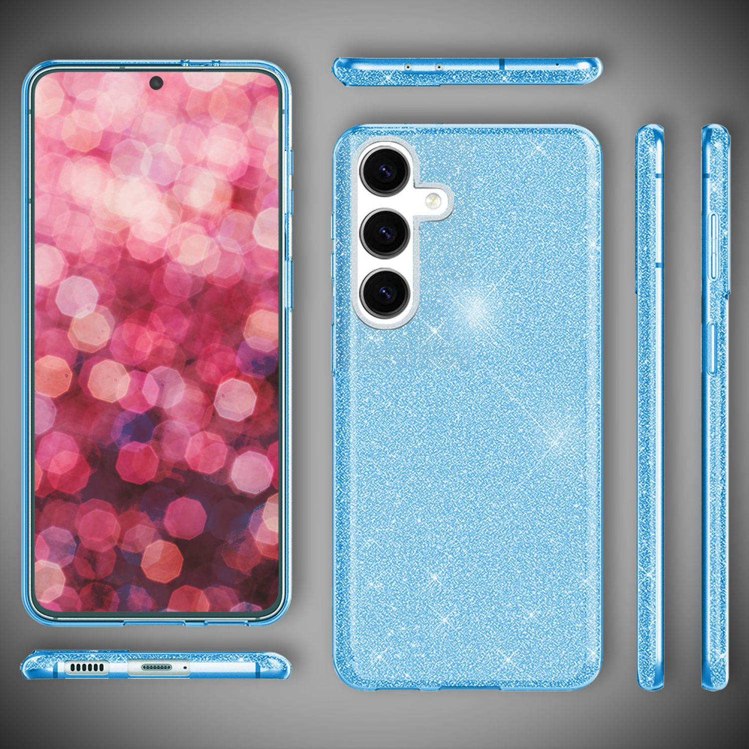 Handyhülle mit Glitzerdetail für ein Telefon. Mehrere Winkel werden gezeigt. Die Farbe ist blau.